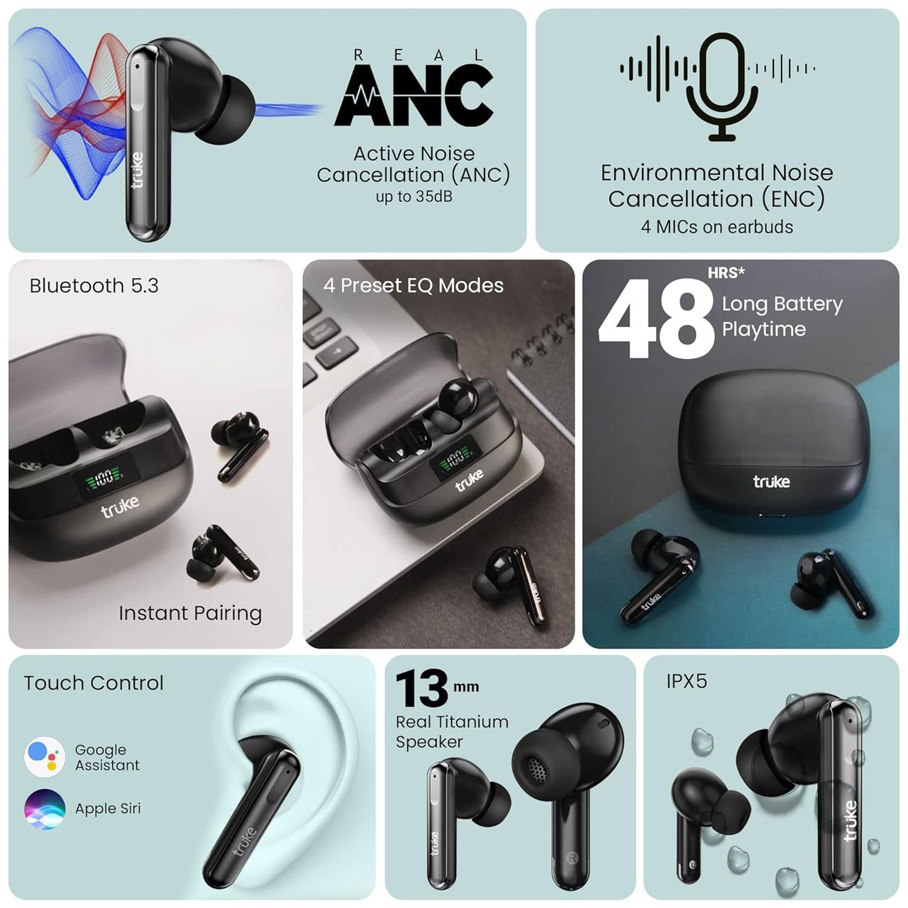 Truke Buds Vibe with 35dB ANC, 4Mic ENC,13mm Driver 48H Battery, 40ms Latency (Black,True Wireless)