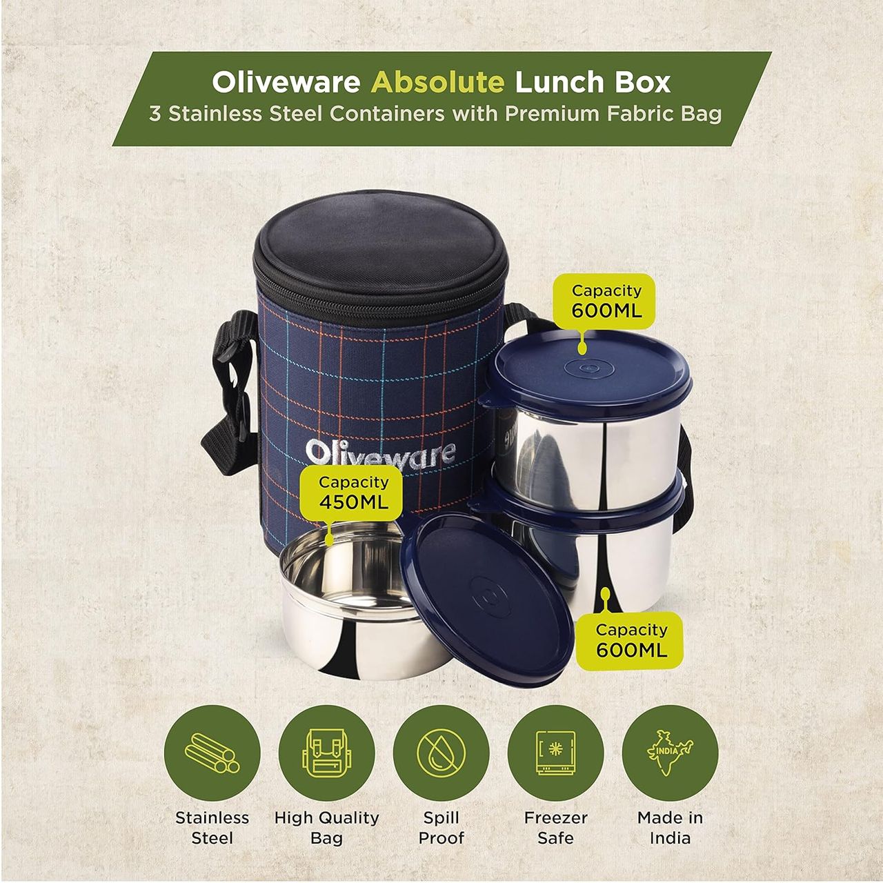 Oliveware Absolute Lunch Box, 3 Stainless Steel and Leak Proof Containers with BPA Free Lids- Blue