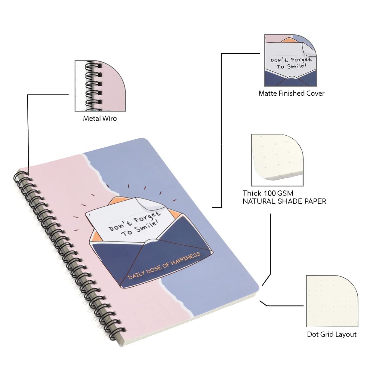 Papboo Dot Grid Spiral Wiro Notebook , 120 Pages, 90 Gsm - Smile