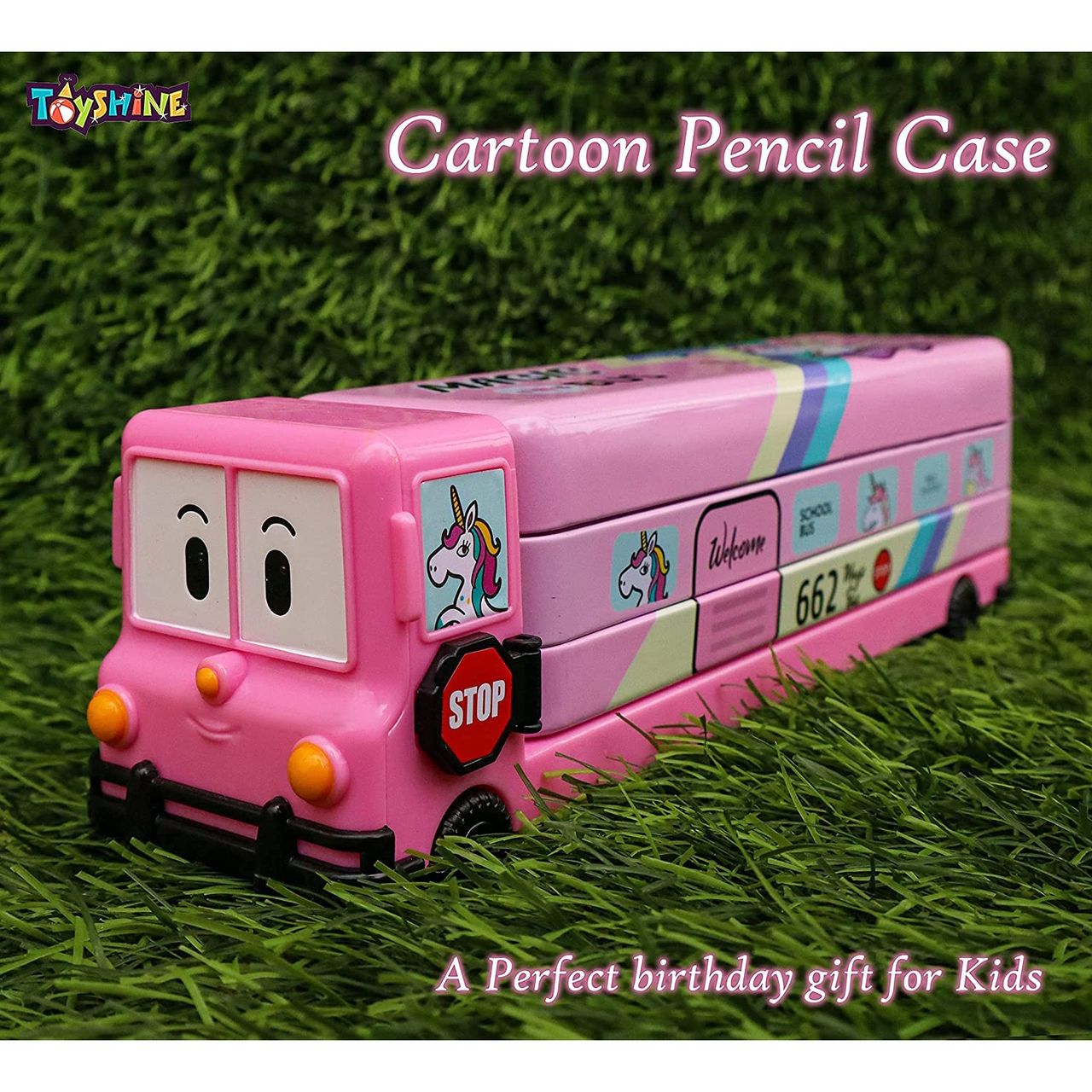 Toyshine Cartoon Printed School Bus Matal Pencil Box With Moving Tyres And Sharpner For Kids - Pink