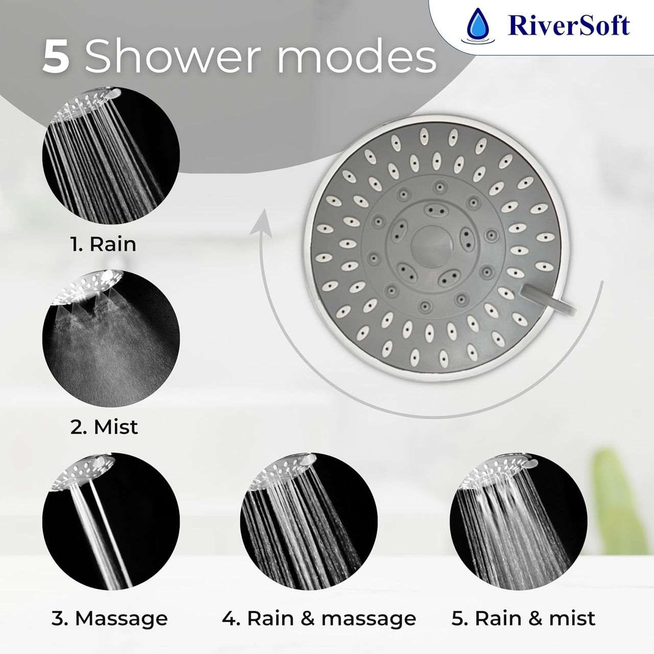Riversoft Diva-05 Shower Filter For Hard Water With 15 Stages | 5 Mode Spray Setting (Chrome)