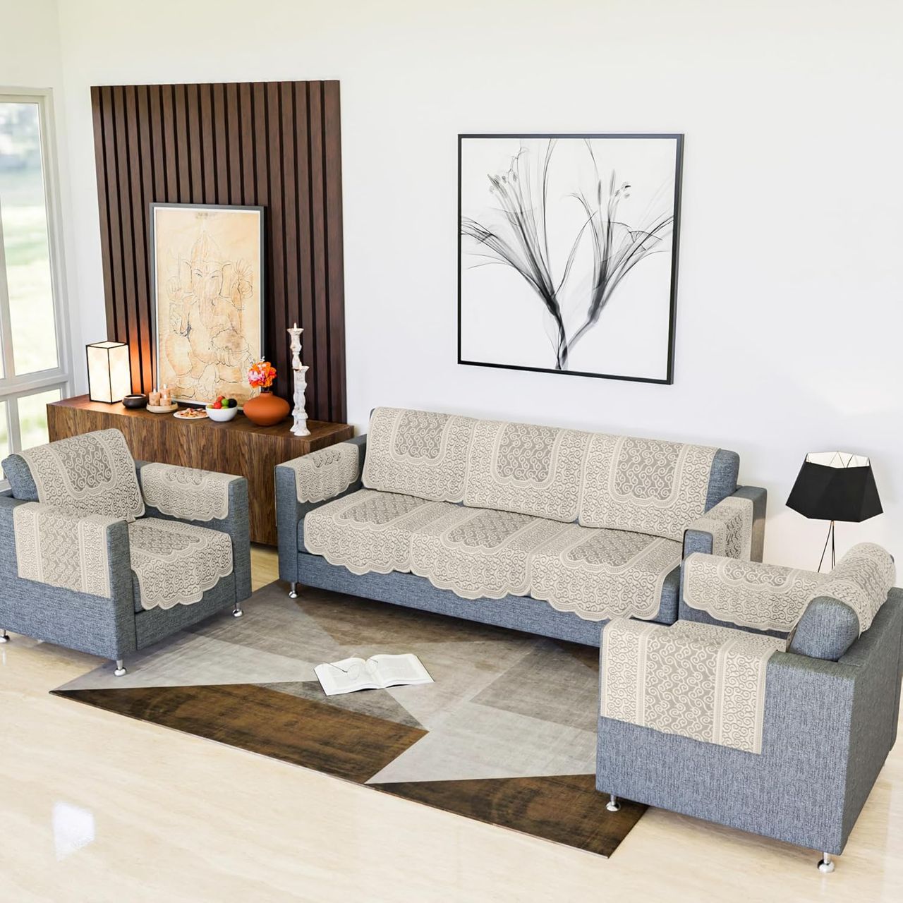Kuber Industries Zig Zag Printed Net 5 Seater Sofa Cover with Arms Cover for Hall|Cream