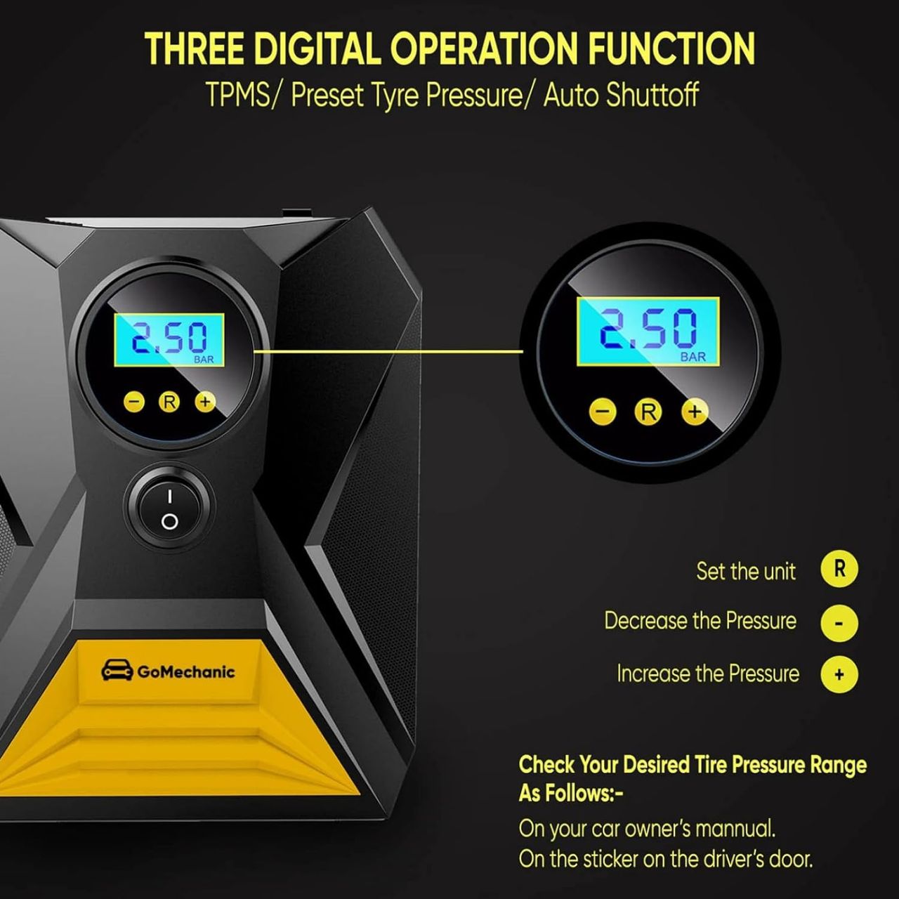 GoMechanic Digital Tyre Inflator For Car - 150 Psi, 12V Dc Portable Air Pump | Gusto T10