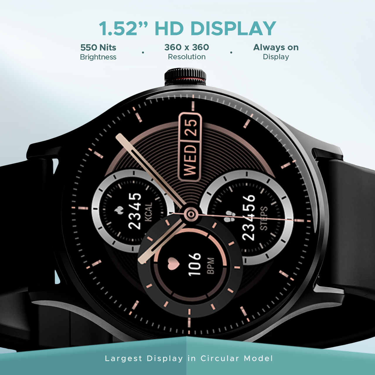 boAt Lunar Vista Smartwatch | 1.52" Display | BT Calling | Functional Crown - Active Black