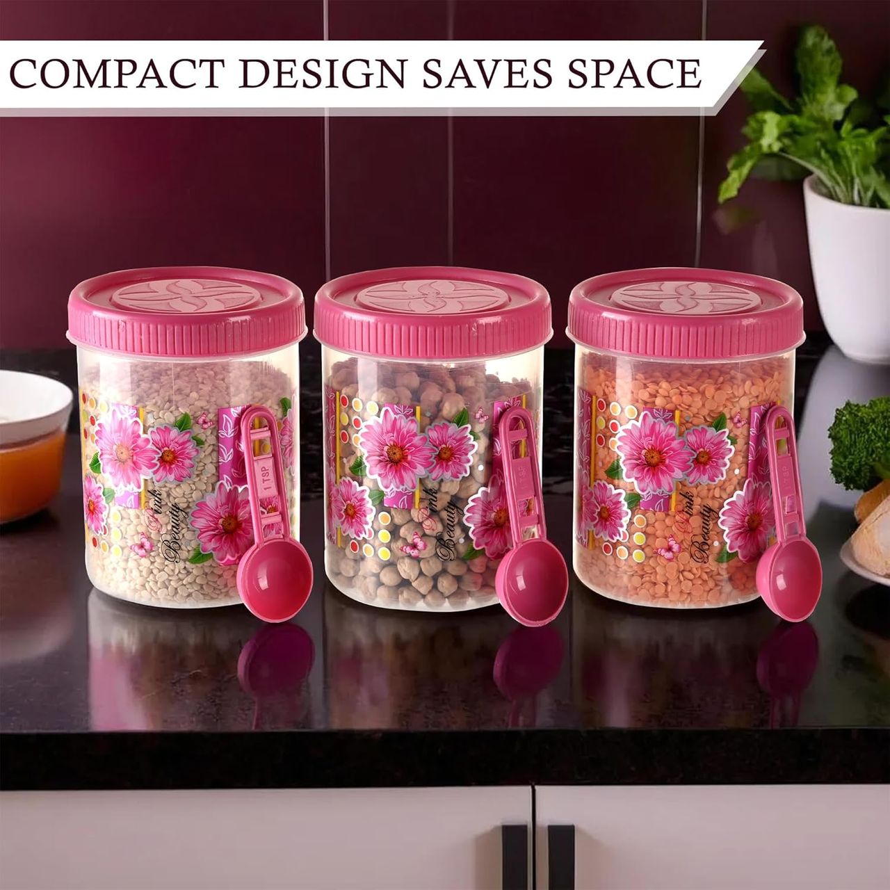 Kuber Industries (Set of 6)  500 ML Plastic Storage Containers for  Kitchen Jar with Spoon | Pink