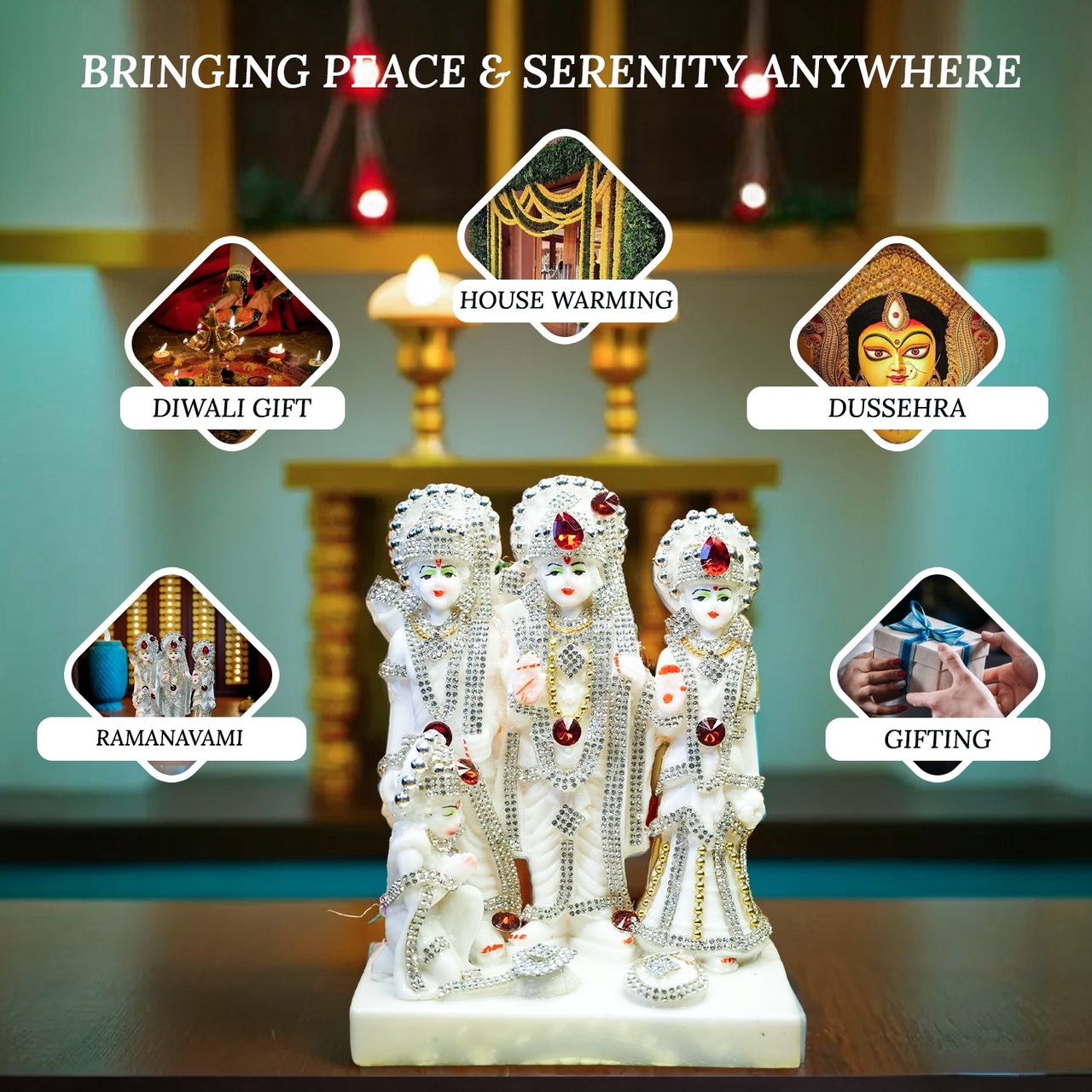Ekhasa Marble Dust Ram Darbar Murti | 8 Inch | Gemstone Zircon Studded Ram Darbar Statue For Home