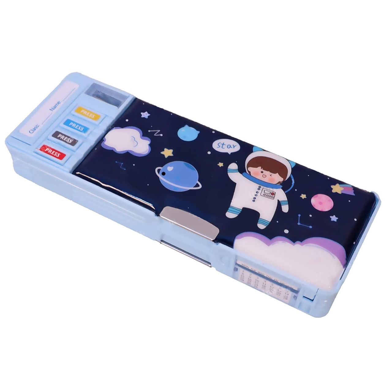 Toyshine Multi Compartment Button Operated Space Pencil Box with Pen Stand In-built For Kids - Blue