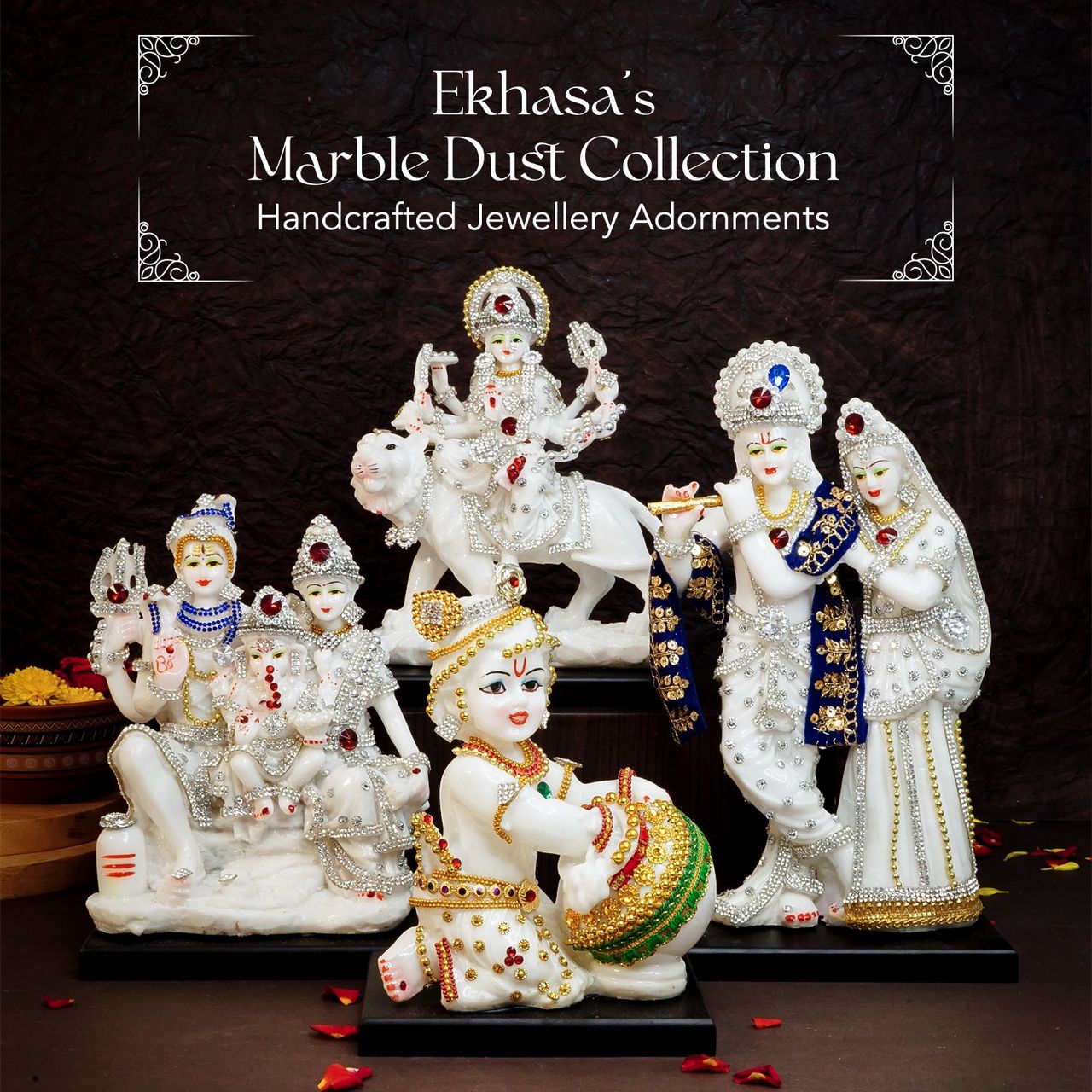 Ekhasa Marble Dust Ram Darbar Murti | 8 Inch | Gemstone Zircon Studded Ram Darbar Statue For Home