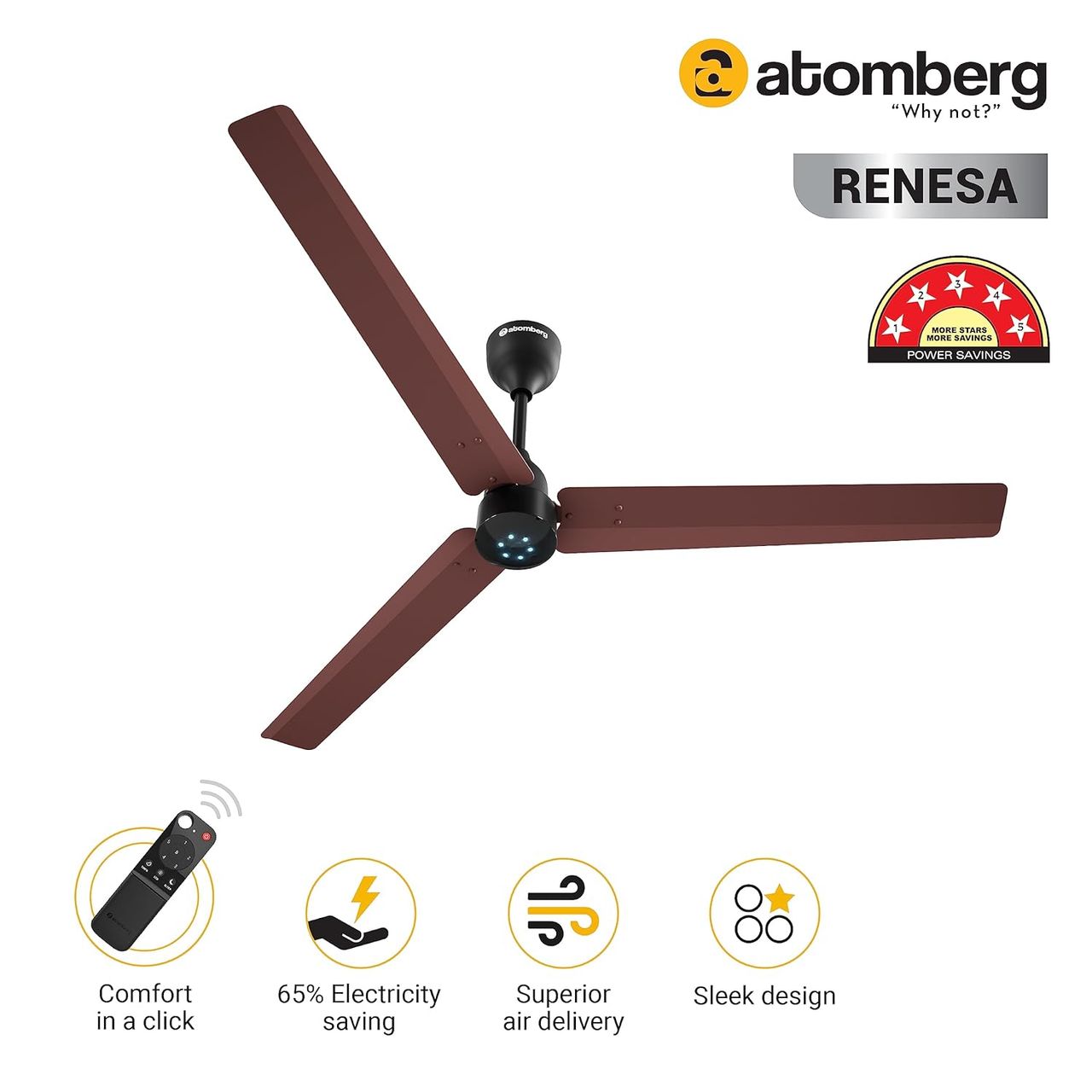 Atomberg Renesa BLDC Ceiling Fan,1400mm,Remote Control,BEE 5 Star,LED Indicators,Brown & Black