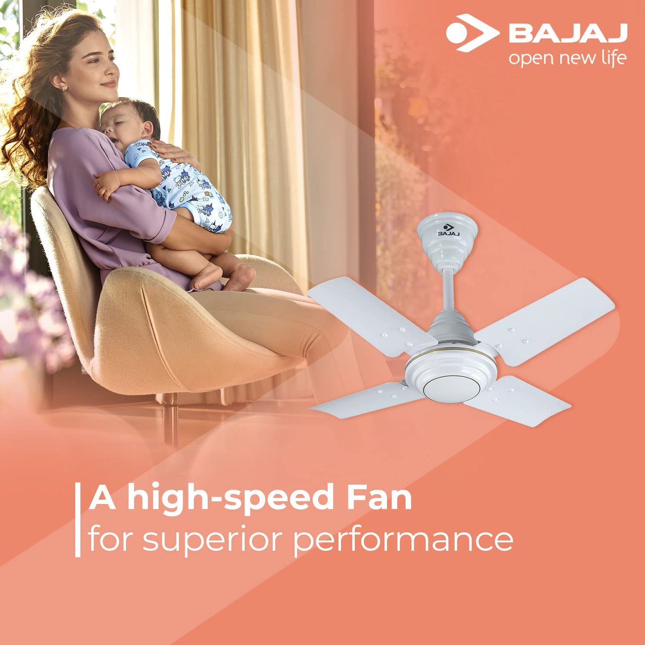 Bajaj Maxima Ceiling Fan, 600mm,High Speed,Double Ball Bearing,Quick-start High Torque Motor, White