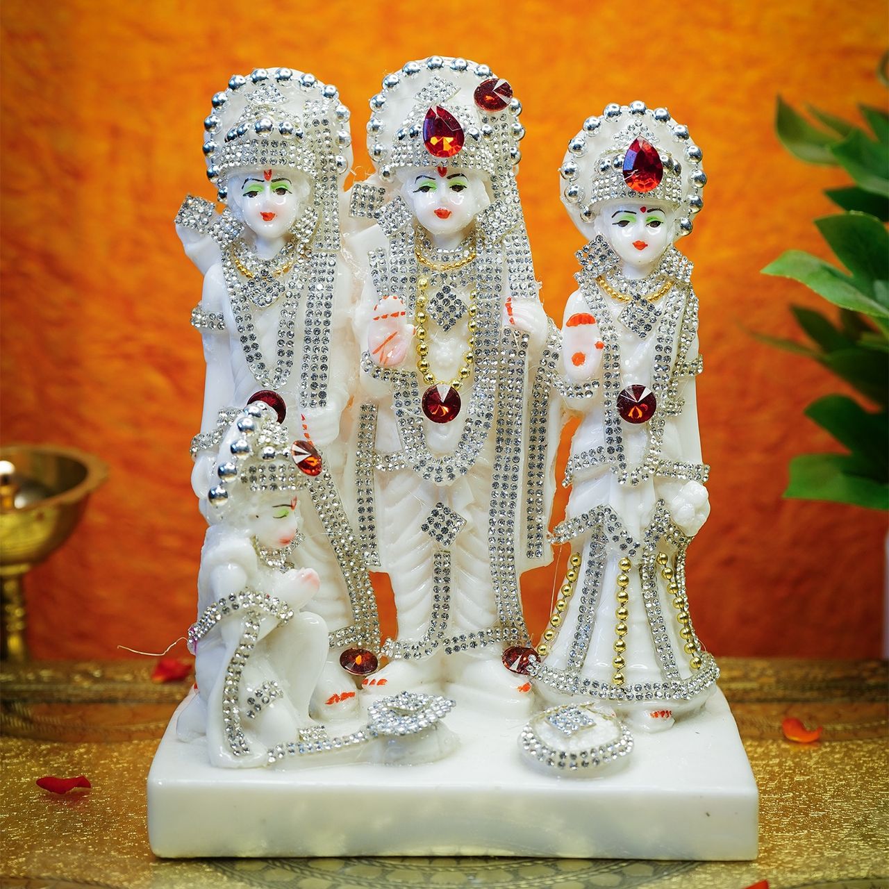 Ekhasa Marble Dust Ram Darbar Murti | 8 Inch | Gemstone Zircon Studded Ram Darbar Statue For Home