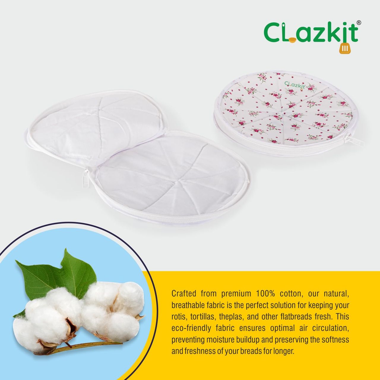 Clazkit Cotton Roti Zip Lock Chapati Cover in Round Style (2)