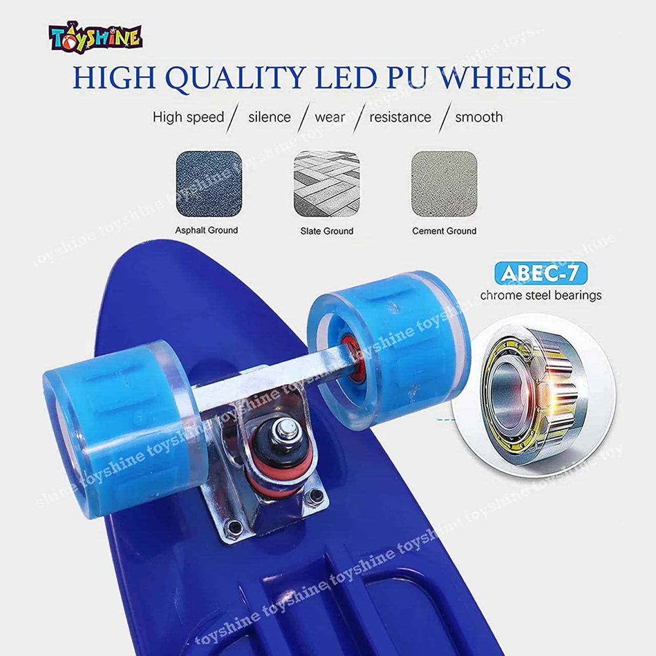 Toyshine Complete Skateboard With Colorful Led Light Up Wheels For Beginners, Blue