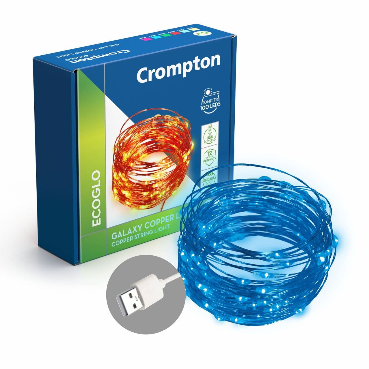 Crompton Galaxy Decoration Copper�Usb Powered String Fairy Lights With 100 Led�Light,Blue