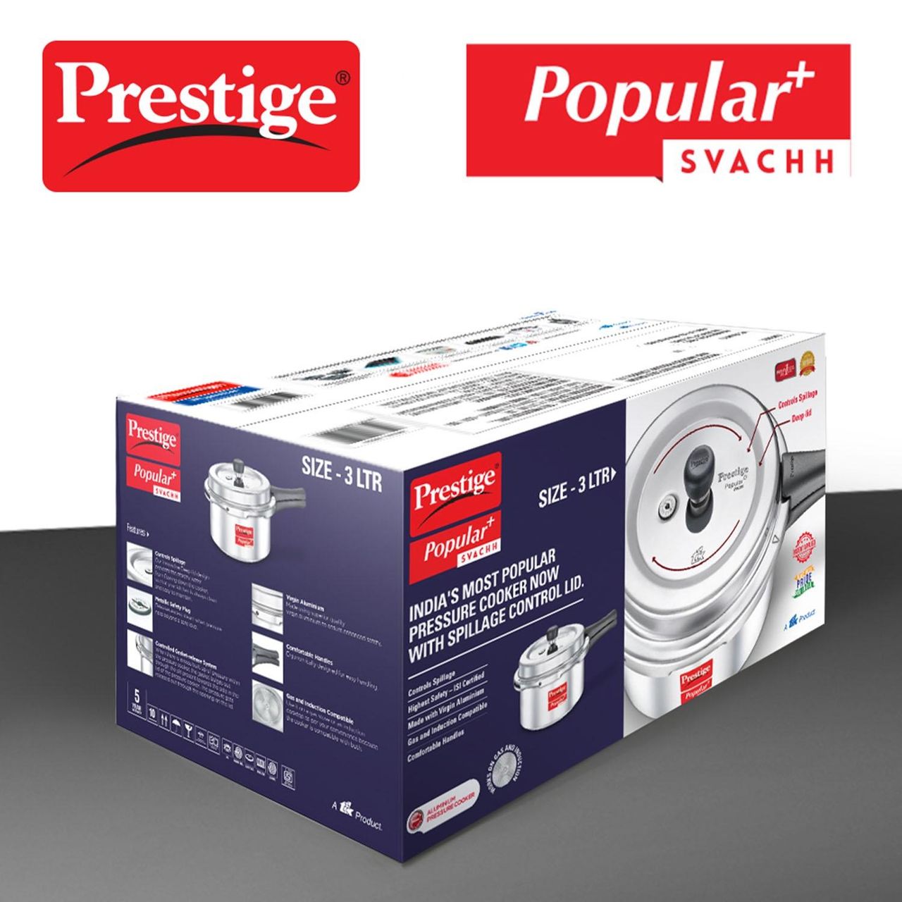 Prestige Aluminium Outer Lid Popular Plus Svachh Spillage Control Pressure Cooker, 3 L (Silver)