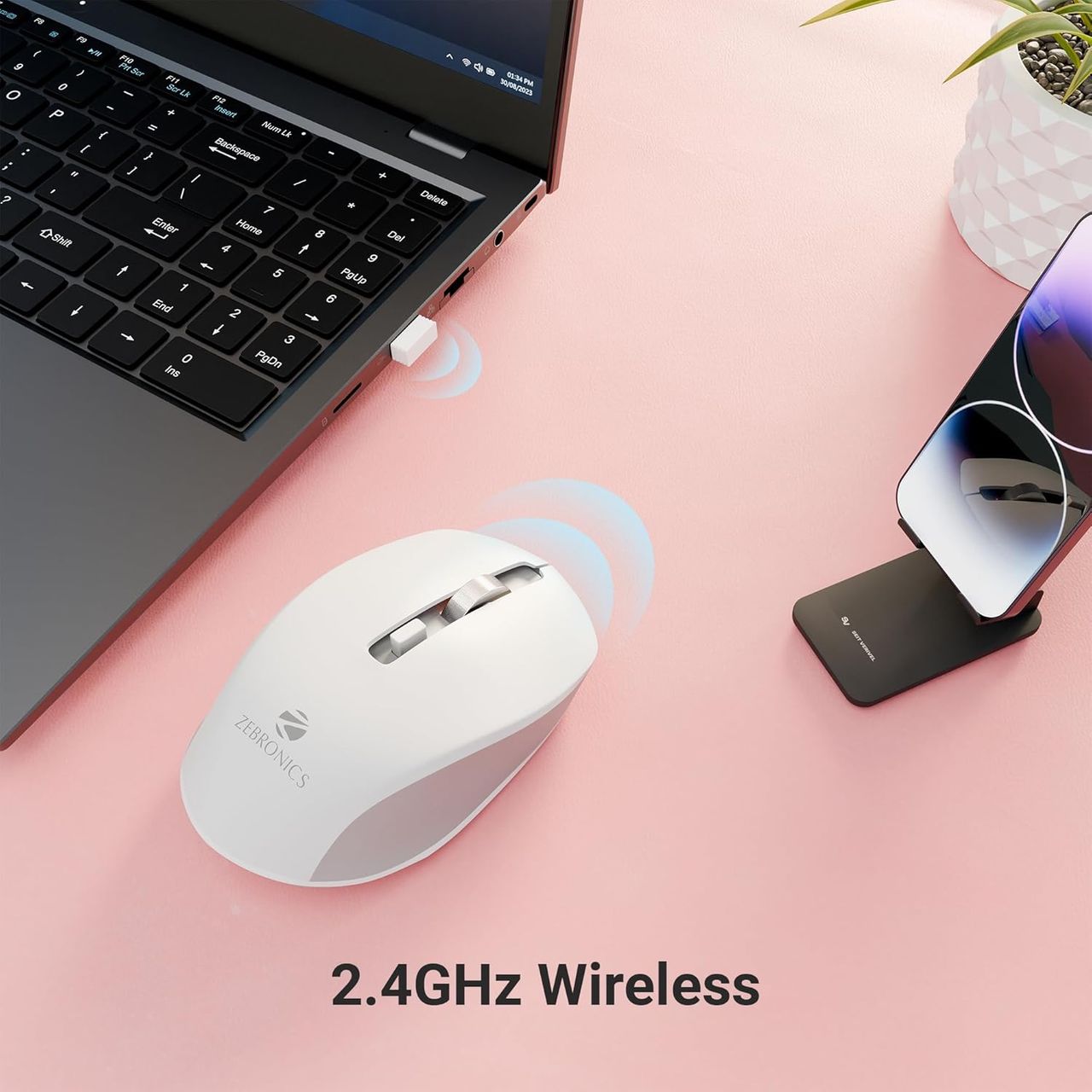 Zeb-Jaguar Wireless Mouse, 2.4Ghz With Usb Nano Receiver, High Precision 4 Buttons (White+Grey)