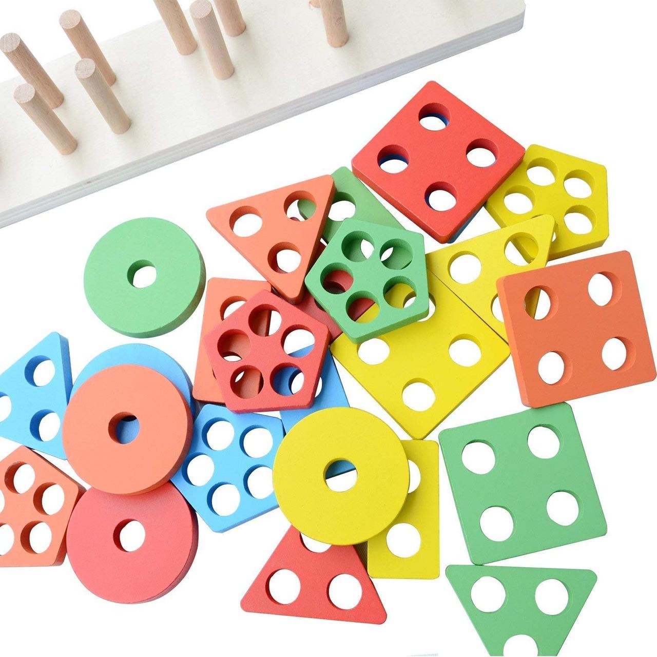 Toyshine Wooden Angle Geometric Blocks Stacker Shape Sorter Column Puzzle Stacking Set - 5 Column