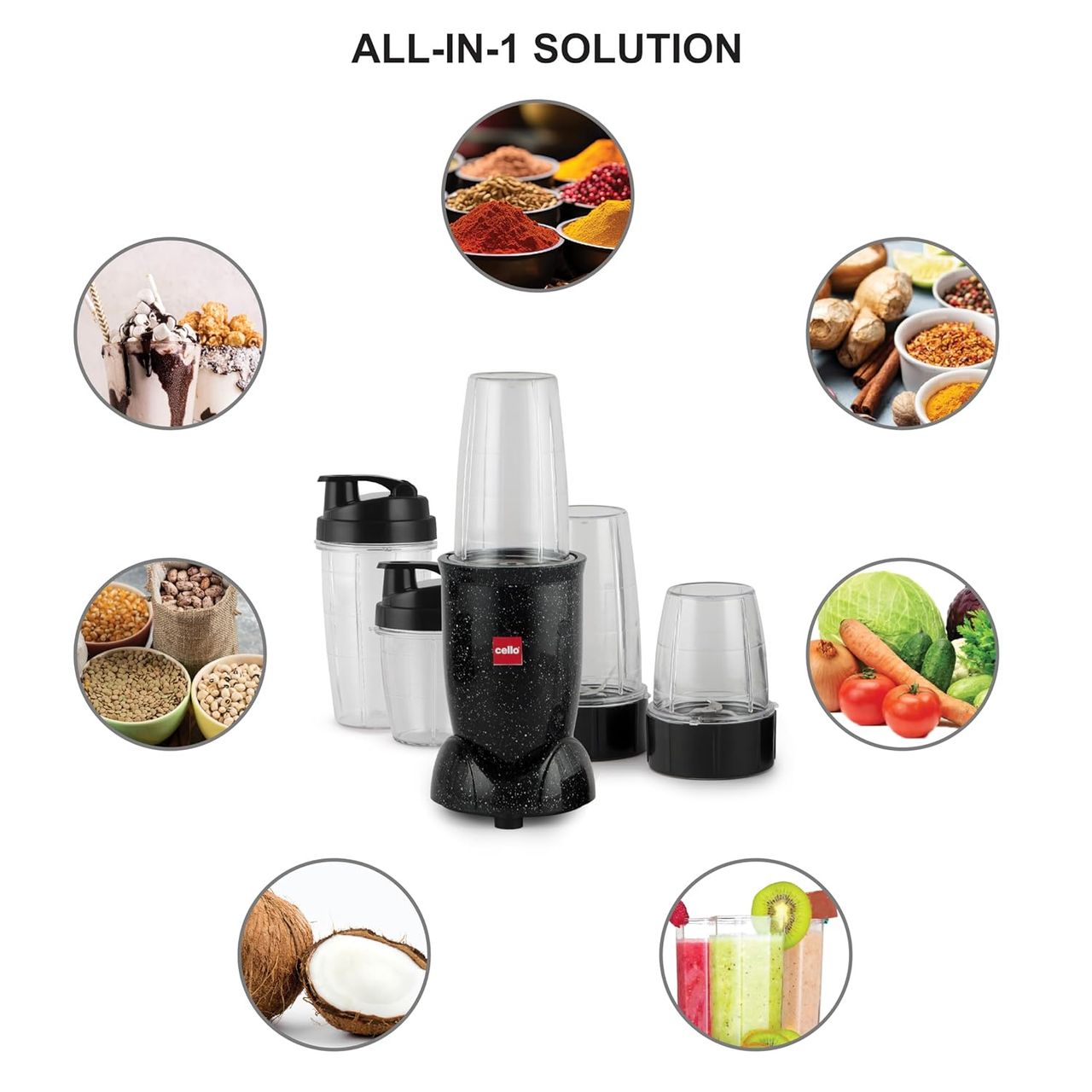Cello Frutomix Nutriblend Pro Max Set Of 6, Black, 3 Multipurpose Jar & 2 Sipper Bottle, 500W