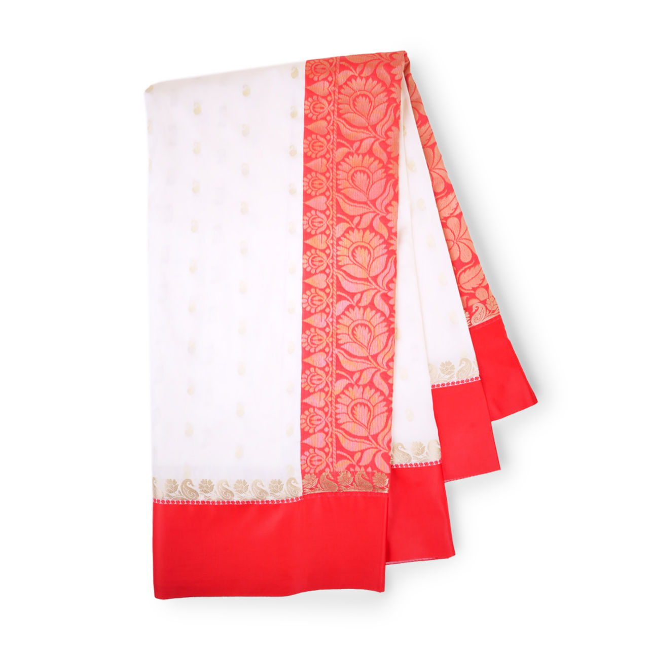 India Silk Emporium Banarasi Silk Saree | White With Red Border - Style 1