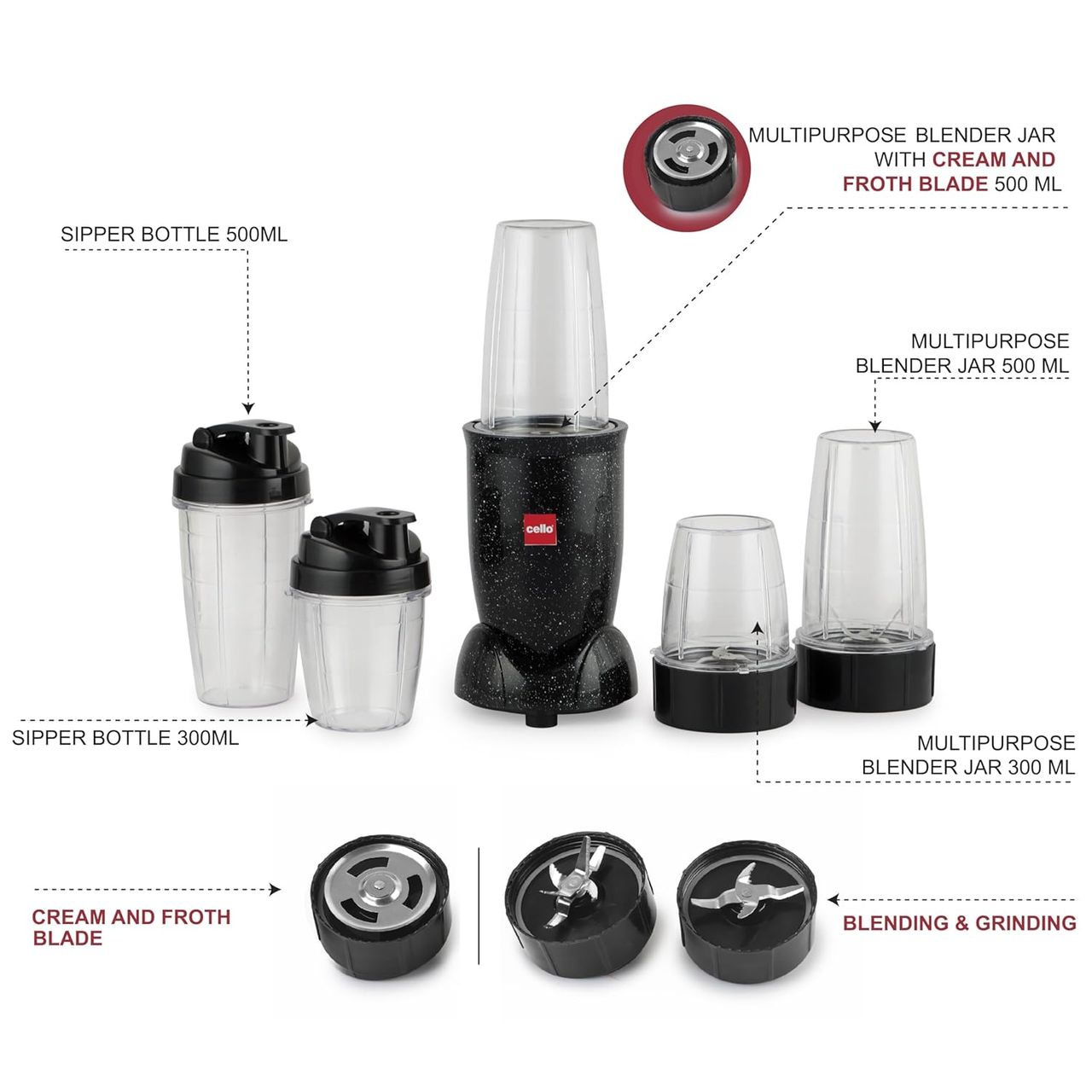 Cello Frutomix Nutriblend Pro Max Set Of 6, Black, 3 Multipurpose Jar & 2 Sipper Bottle, 500W