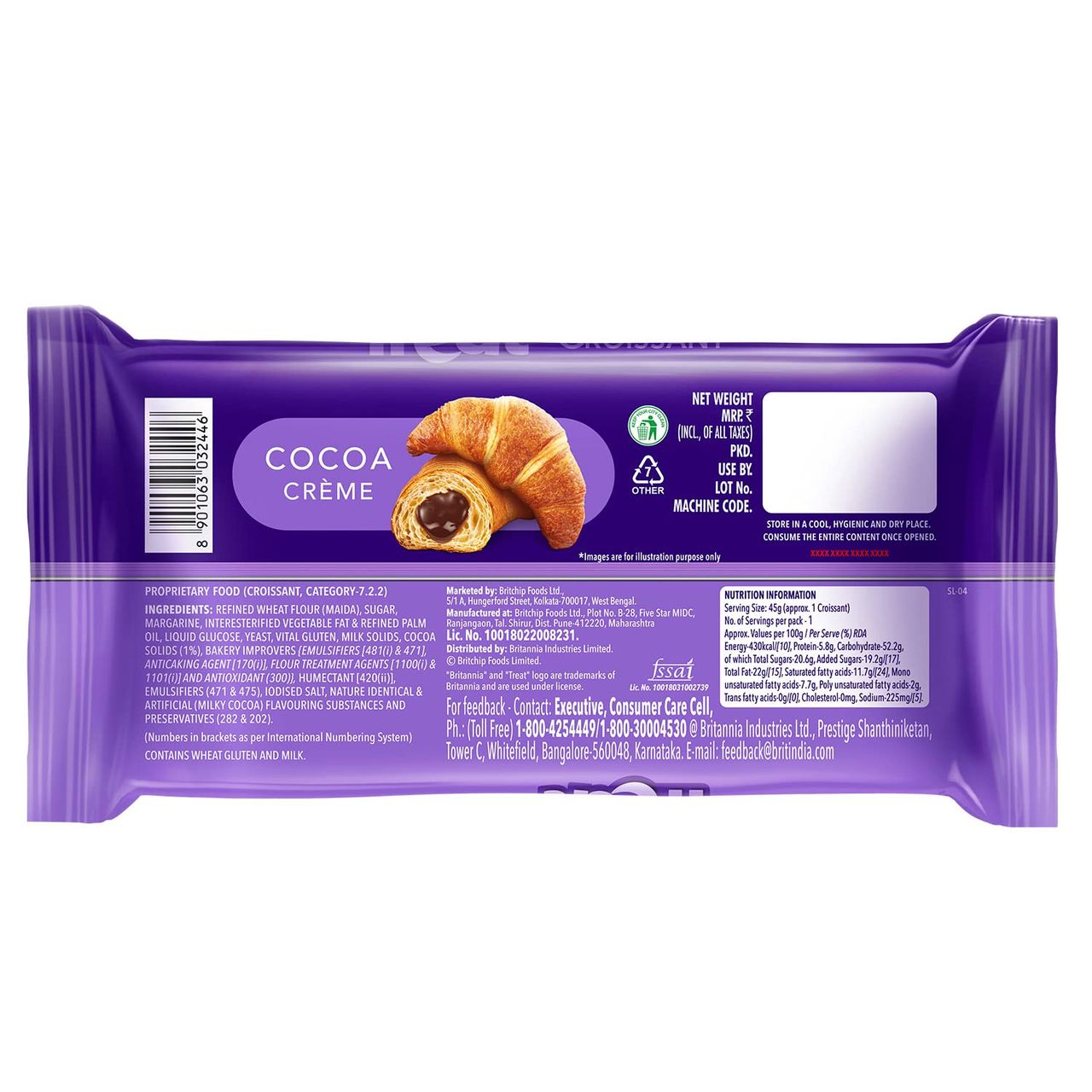 Britannia Treat Croissant, With Cocoa Crème Filling,100% Veg, Flavoured Croissant