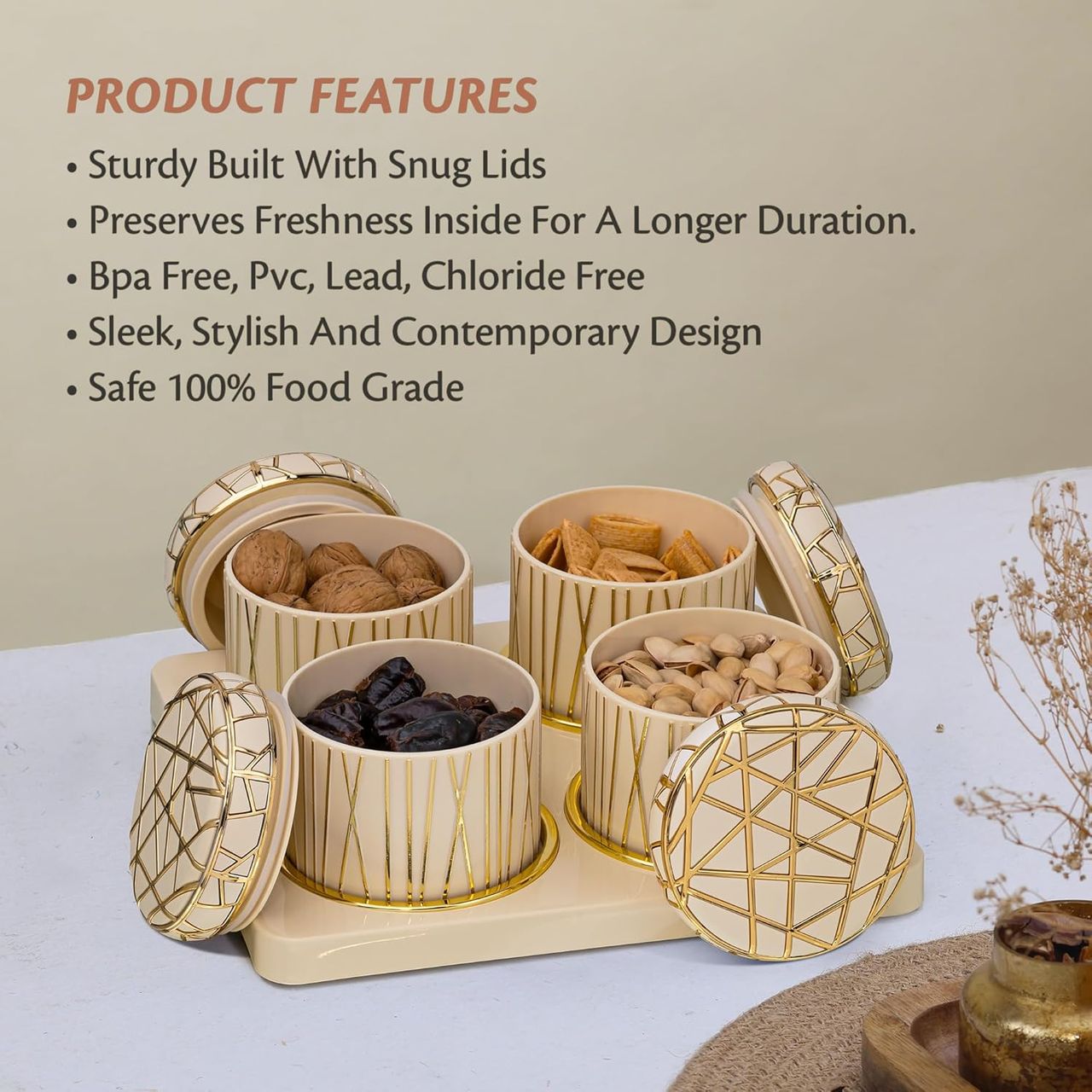 Selvel Royal Linex Airtight Dry Fruit Container | 450ml Each | With Serving Tray | Ivory