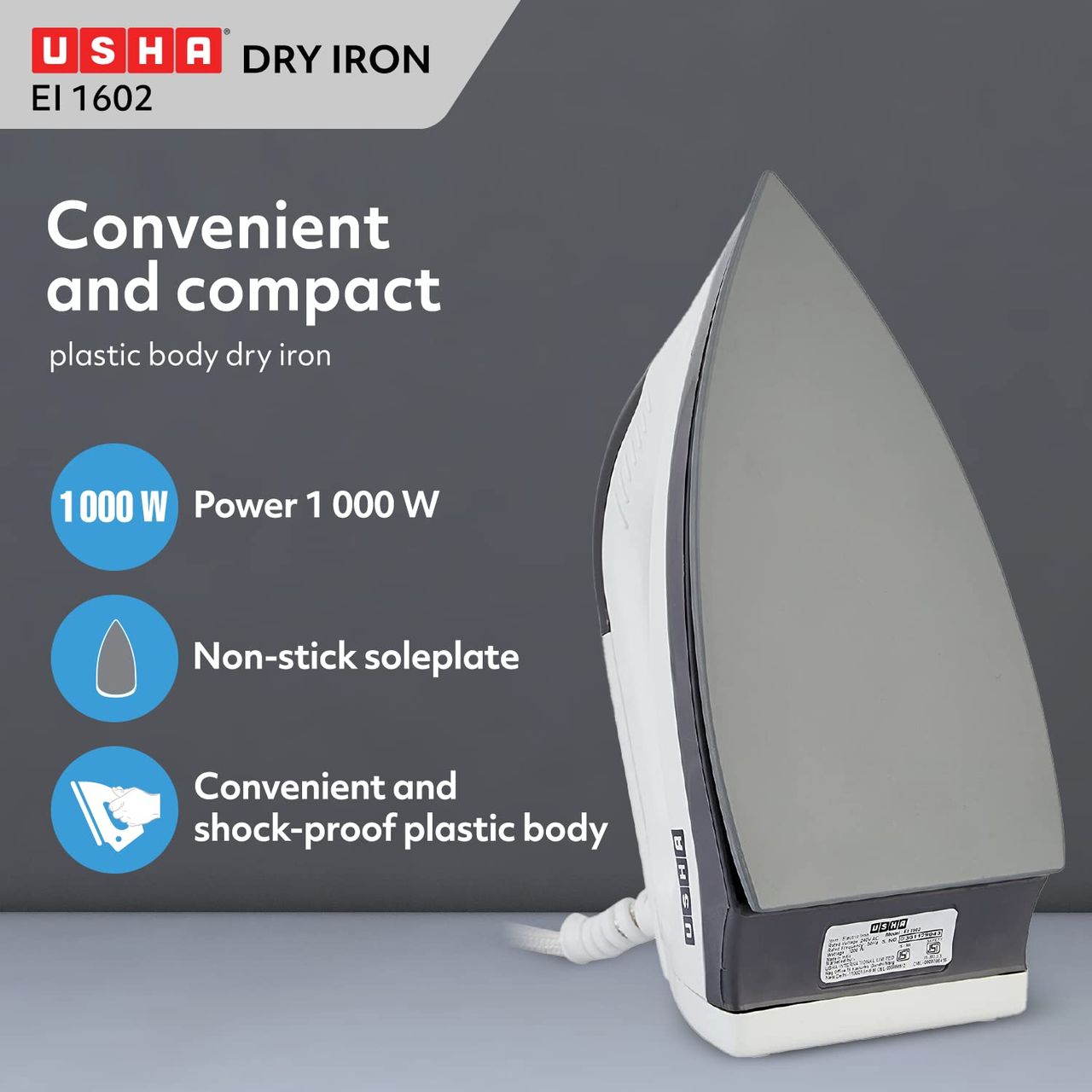 Usha Dry Iron 1602 (1000W, Non-Stick Ptfe Coated Soleplate With 180� Swivel Cord, Grey)