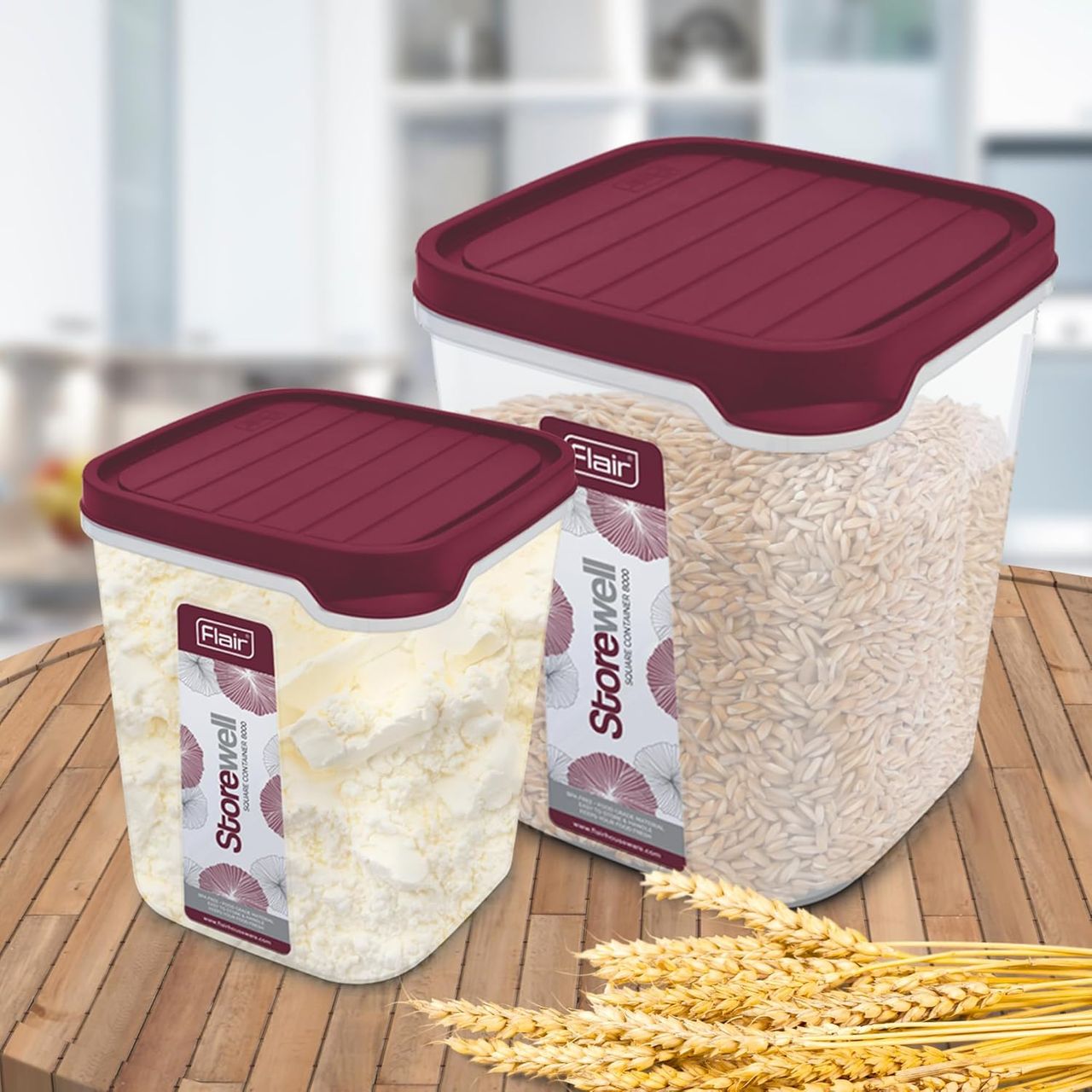 Flair Plastic Storewell Square Food Storage Containers Maroon - Set 3 Pcs (6000Ml,8000 Ml,12000 Ml)