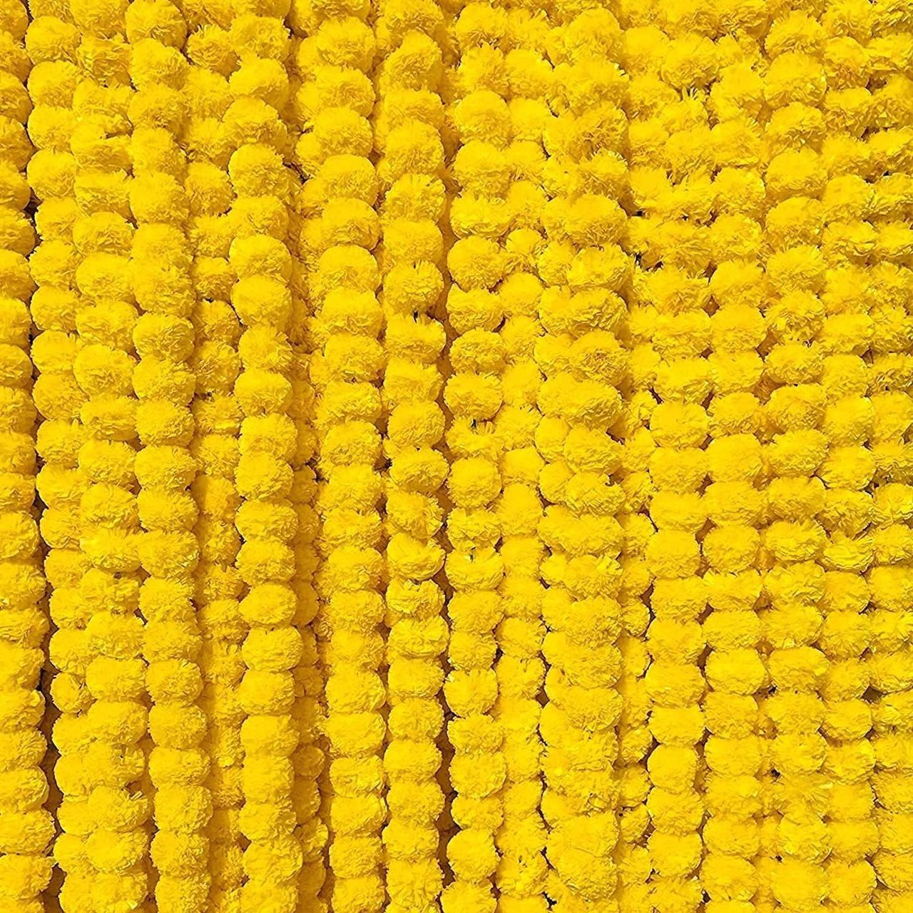 Artificial Marigold Fluffy Flowers Garlands For Decoration - Pack Of 5 Strings (Yellow)- 4.6Ft