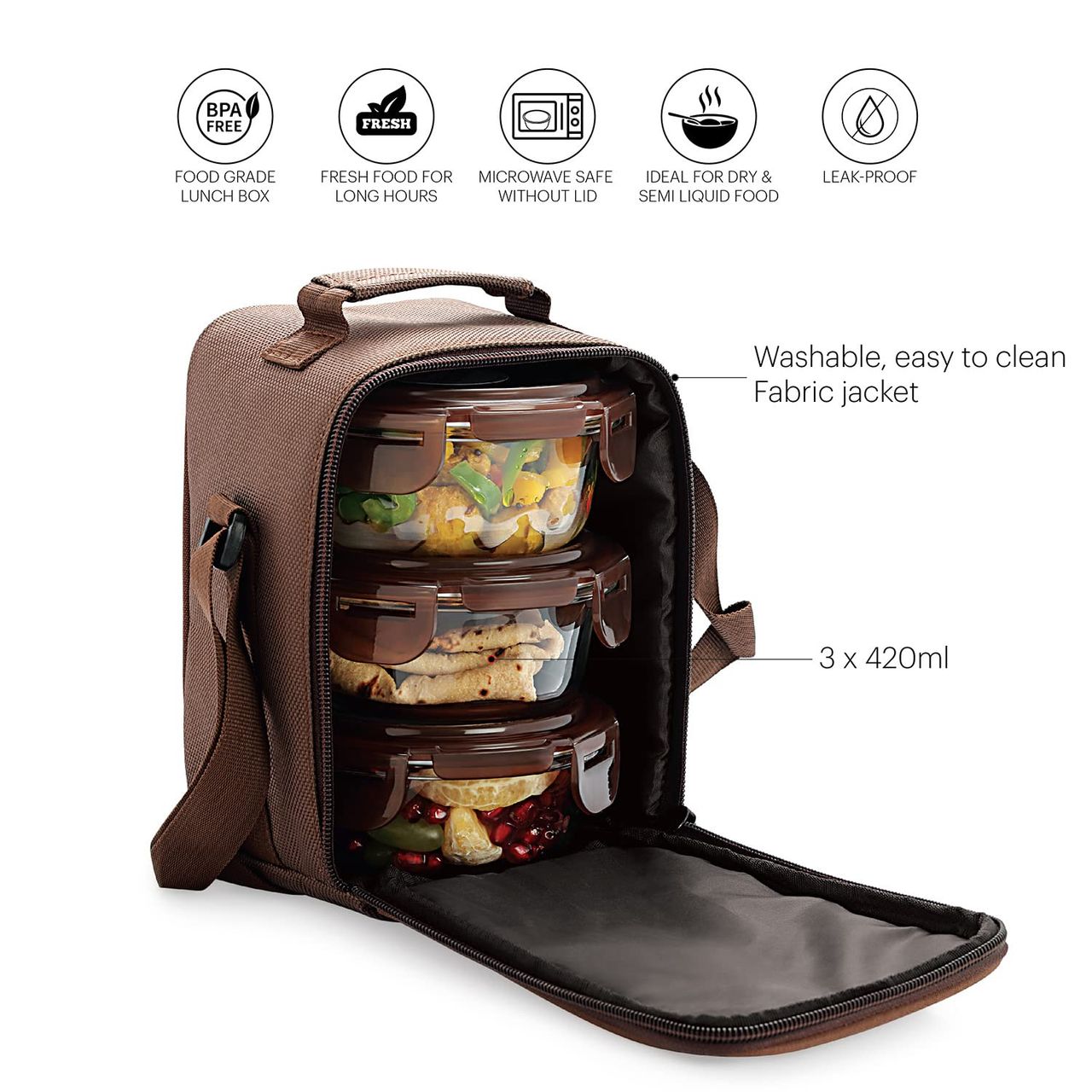 Cello Mf Glassy Seal O Fresh Glass Lunch Box Set Of 3 Round Containers, 400Ml Each With Jacket