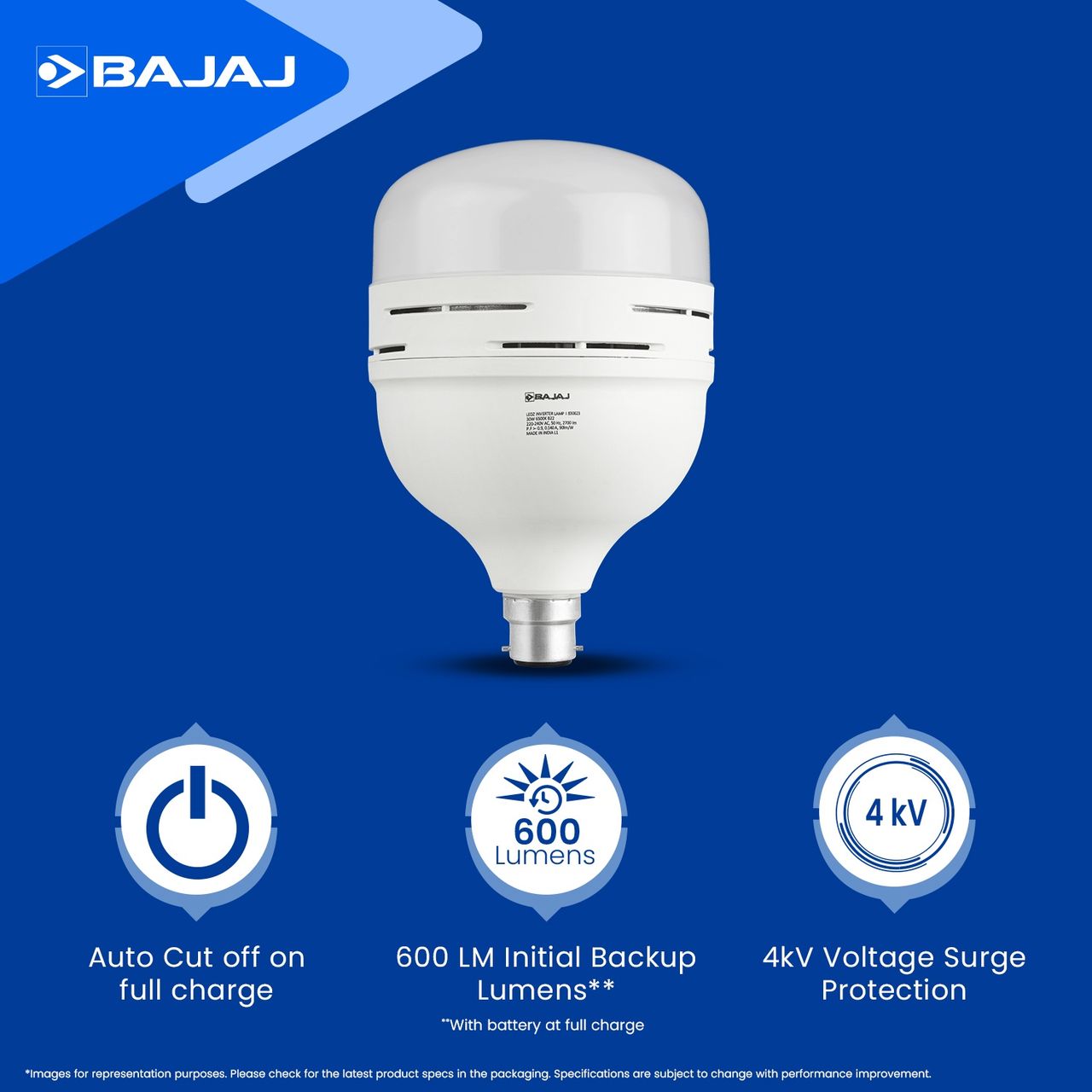 Bajaj LEDZ 30W Rechargeable Emergency Inverter LED Bulb | B22 Base Holder