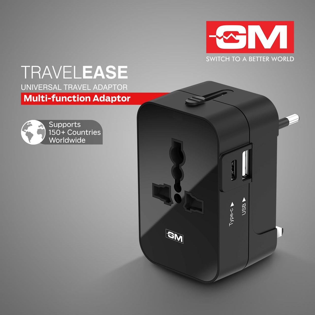 GM 3064 Travel Ease Universal Travel Adaptor | LED Indicator |Multi plug Connection | Type C | Type A | Compact and Light Weight Universal Adaptor - Black