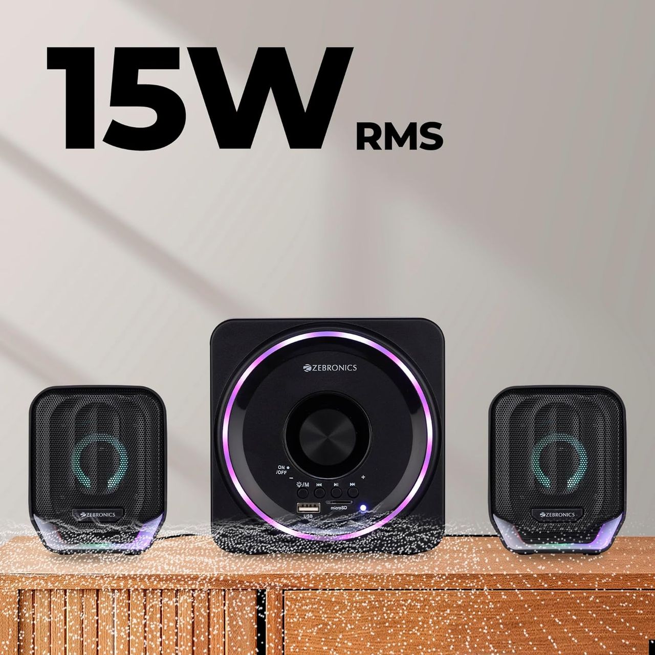 Zebronics Pluto 2, 2.1 Channel Speaker, 15W Output, BT 5.0, USB, mSD, FM, 3.5mm Jack Input, RGB