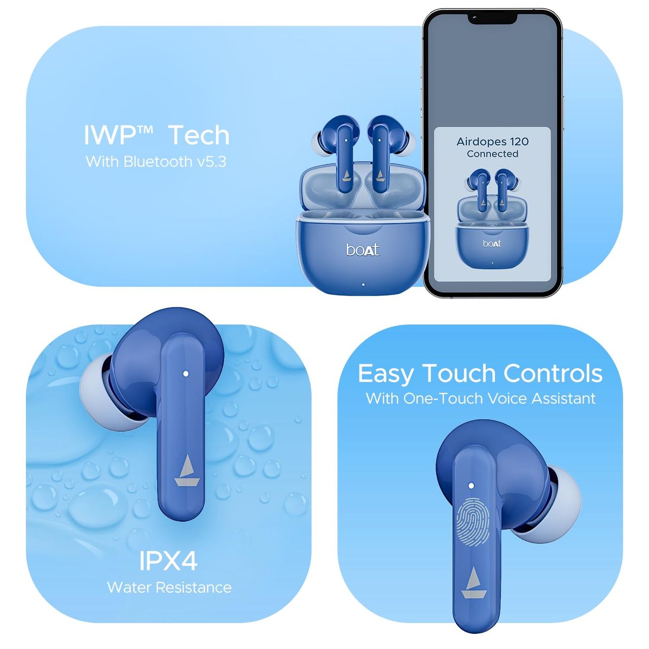 boAt Airdopes 120 Tws Earbuds W/in Ear Detection, 40h Playtime Quad Mics W/ Enx Tech(Dawn Blue)