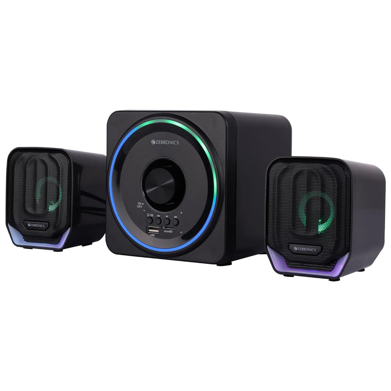 Zebronics Pluto 2, 2.1 Channel Speaker, 15W Output, BT 5.0, USB, mSD, FM, 3.5mm Jack Input, RGB