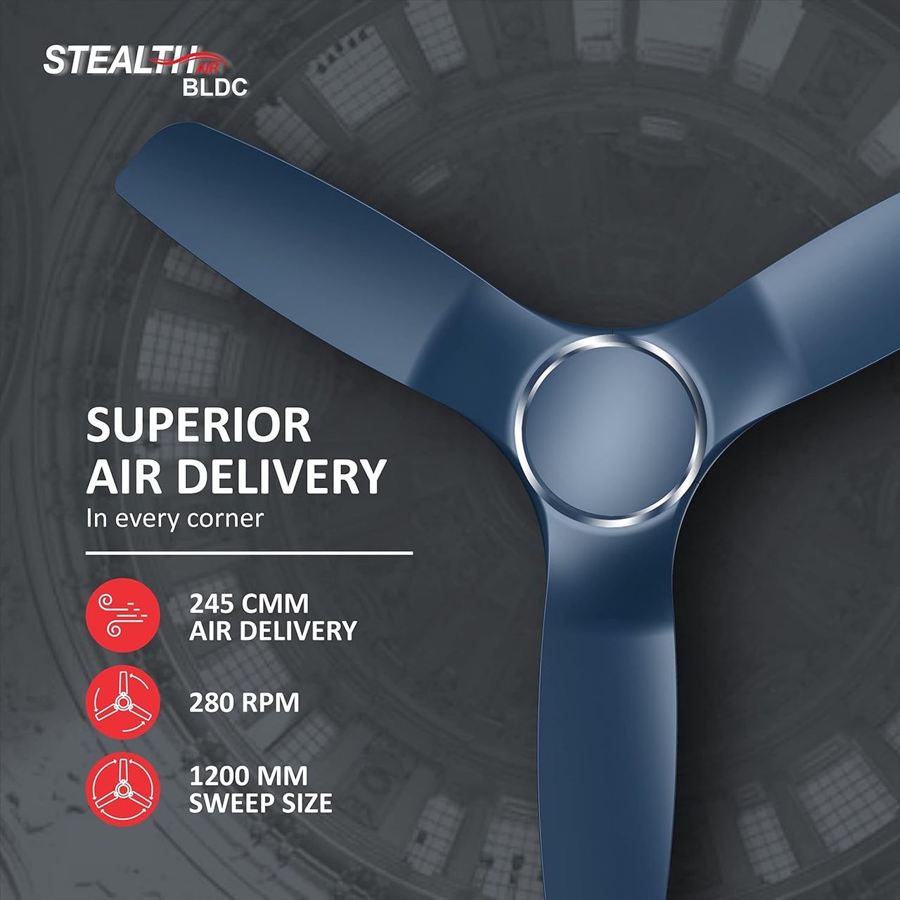 Havells Stealth Air BLDC Motor Ceiling Fan,1200mm,Remote Control,100% Copper Motor,Indigo Blue