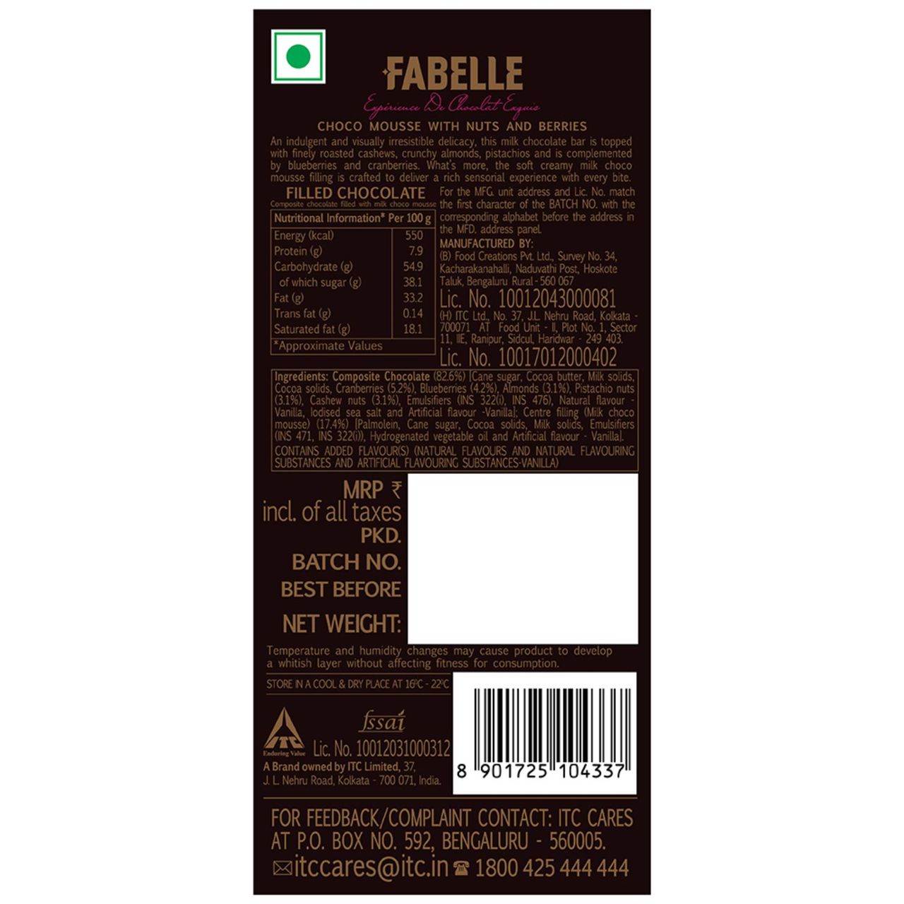 Fabelle Open Secret- Milk Chocolate Handcrafted Bar with Exotic Nuts and Berries