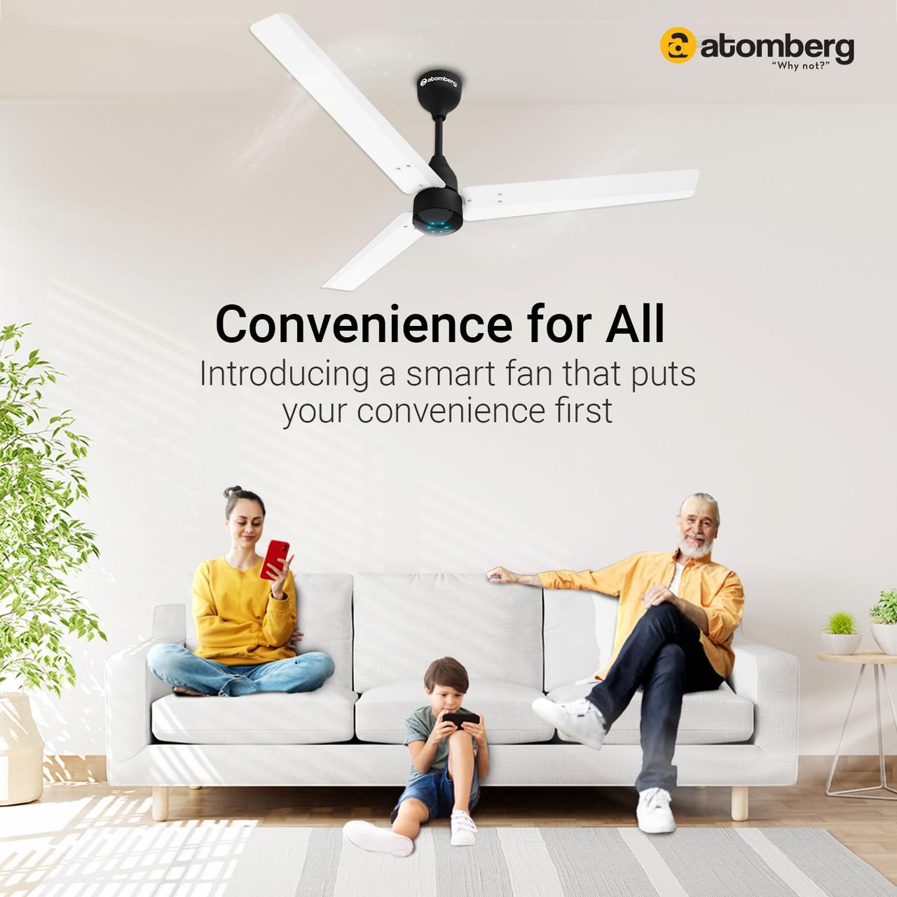 Atomberg Renesa Smart BLDC Ceiling Fan, 1200mm, with IoT & Remote, LED Indicators, White & Black