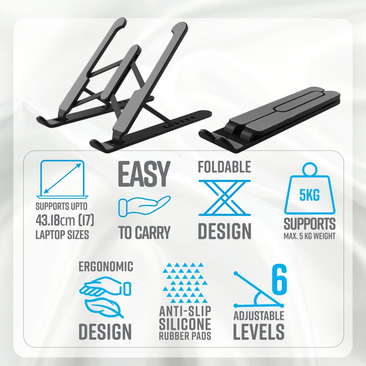 Zebronics NS1000 Laptop Stand | 6 Adjustable Levels | Anti-Slip Silicone Pads | Foldable Design