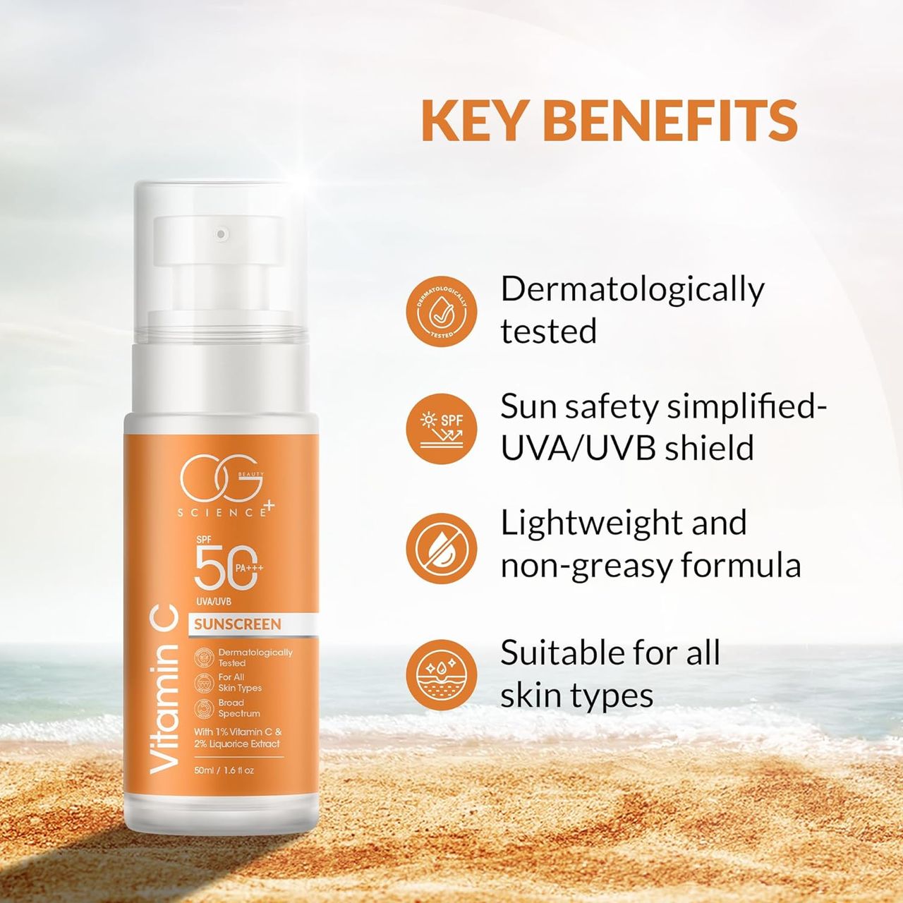 OG BEAUTY Science SPF 50 PA+++ Sunscreen With Vitamin C & Liquorice Extract - Broad Spectrum