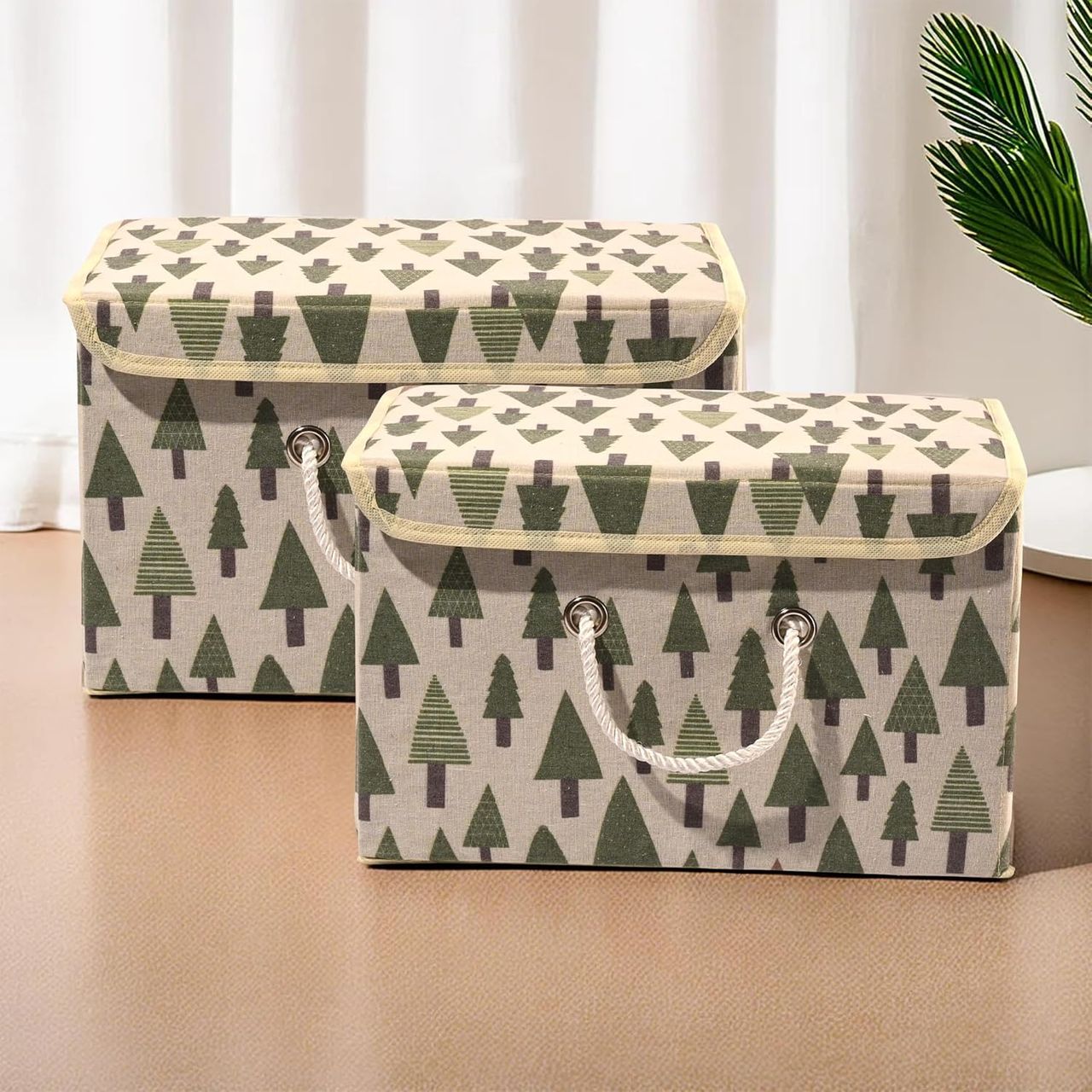 Kuber Industries Pack of 2 ( Large ) Tree-Print Foldable Cotton Drawer Organizer | Cream