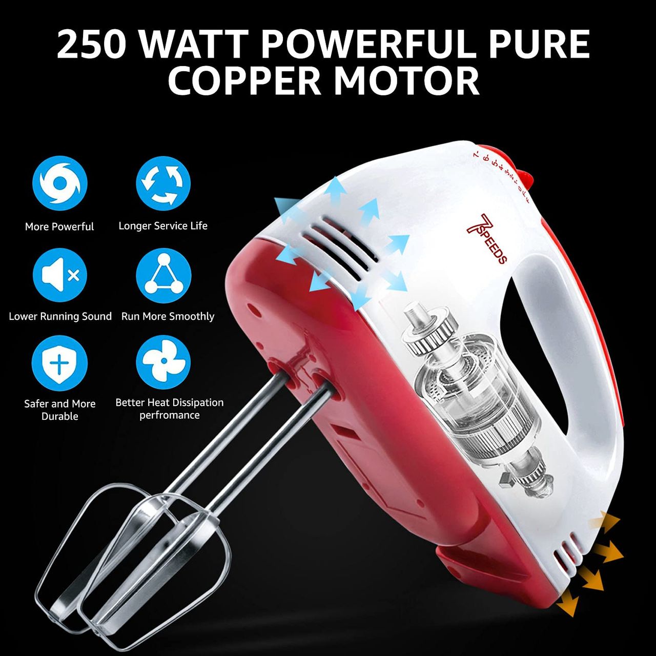 INALSA Hand Blender Easy Mix,Detachable Beaters & Whisker/Dough Hooks,250 W,7 Speed (White/Red)