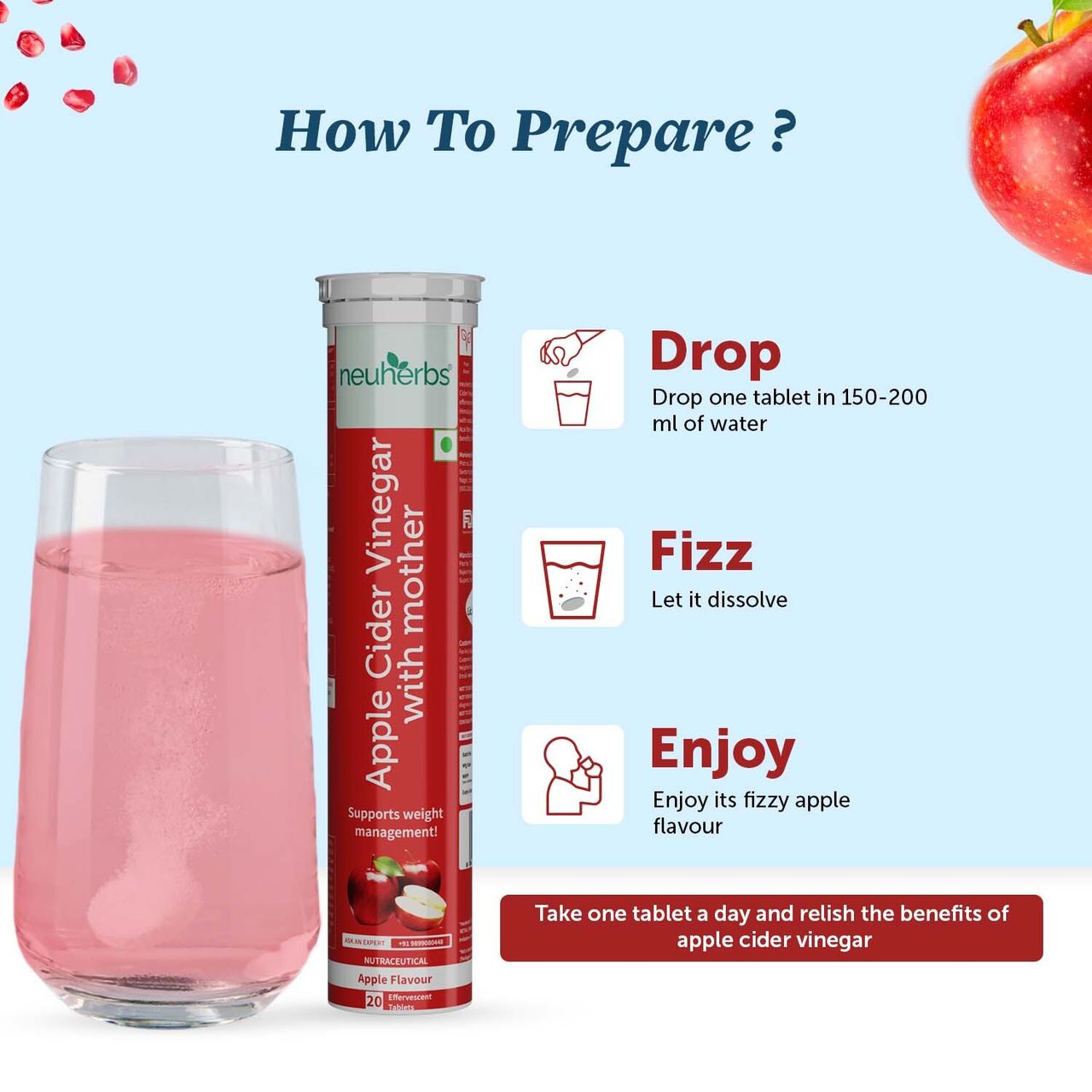 Neuherbs Apple Cider Vinegar Apple Flavour 20 Effervescent Tablets