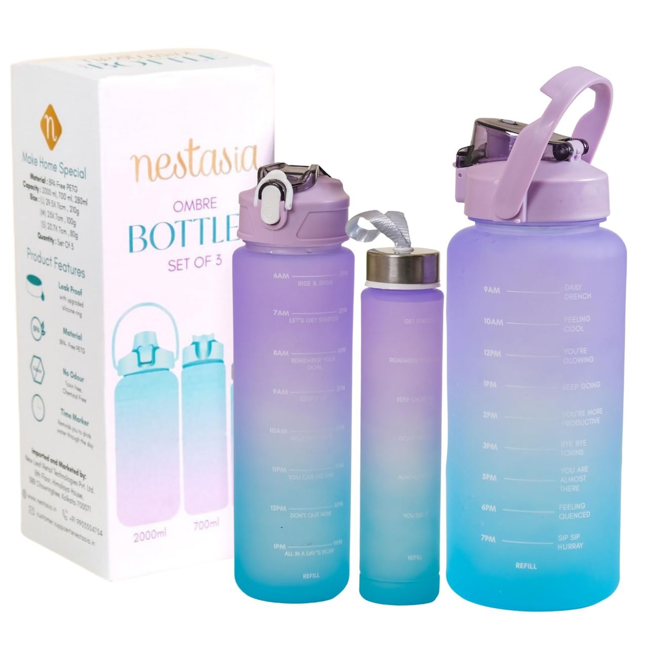 Nestasia Motivational Watter Bottles Green & Lavender - Set Of 3
