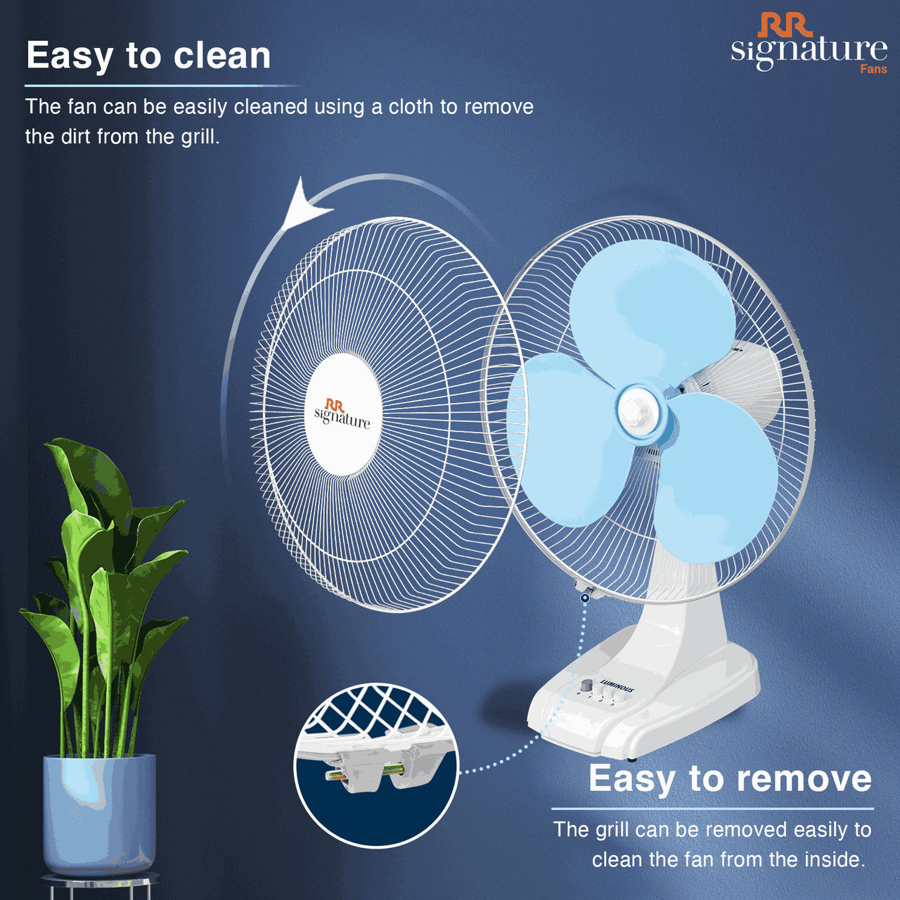 RR Signature Zello Table Fan, 400mm, Normal Speed, White & Blue