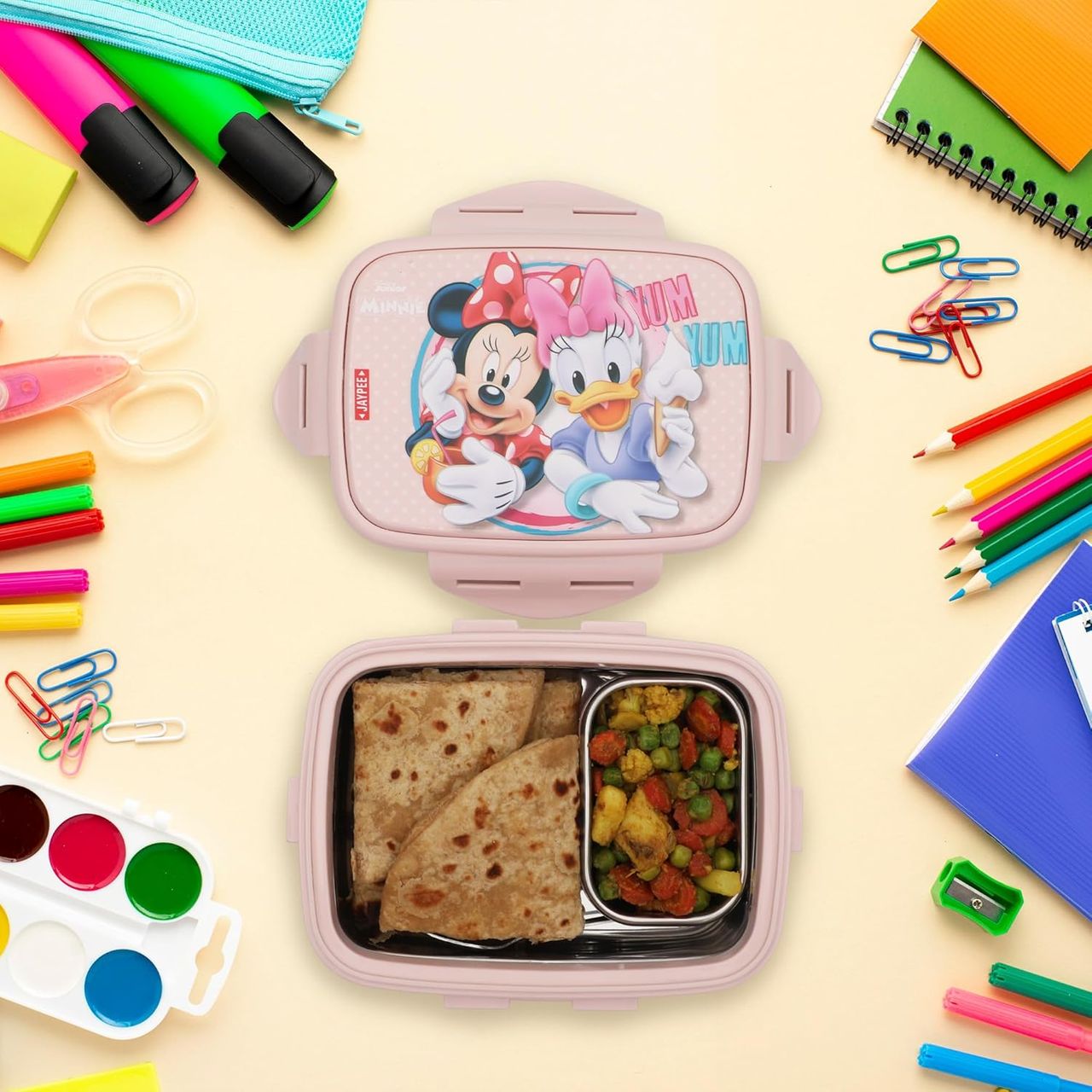 Jaypee Steel Tek Jr. Insulated Airtight Lunch Box Mickey Mouse Printed For School Kids, Pin, 400 Ml