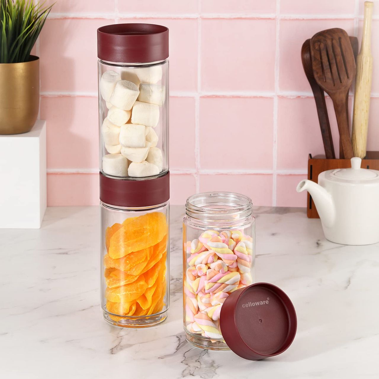 Cello Modustack Glassy Storage Jar | Set Of 3 | 1000Ml, Maroon