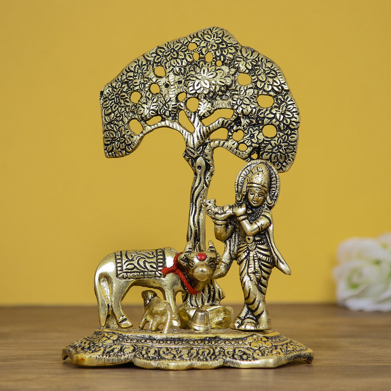 eCraftIndia Divine Golden Lord Krishna Idol Playing Flute Beneath a Tree with Cow and Calf