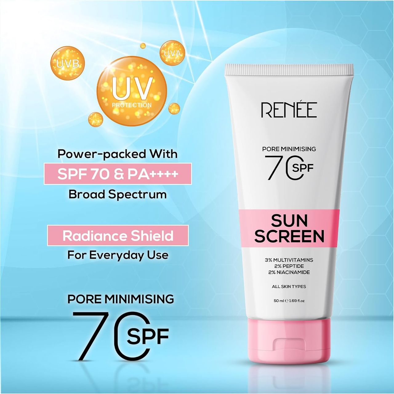 Renee Pore Minimising Sunscreen SPF 70 With 2% Niacinamide, 2% Peptide & 3% Multivitamins
