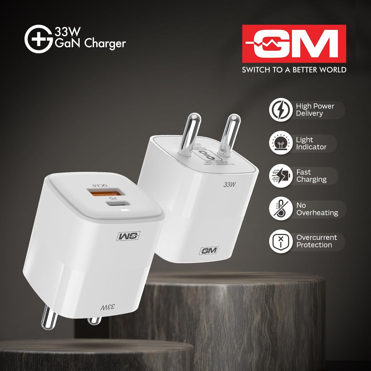 Gm G+ 33W Wall Charger, Gan Technology, Over Heat Protection, Qc Dual Port, 3.0 Type C & A Port